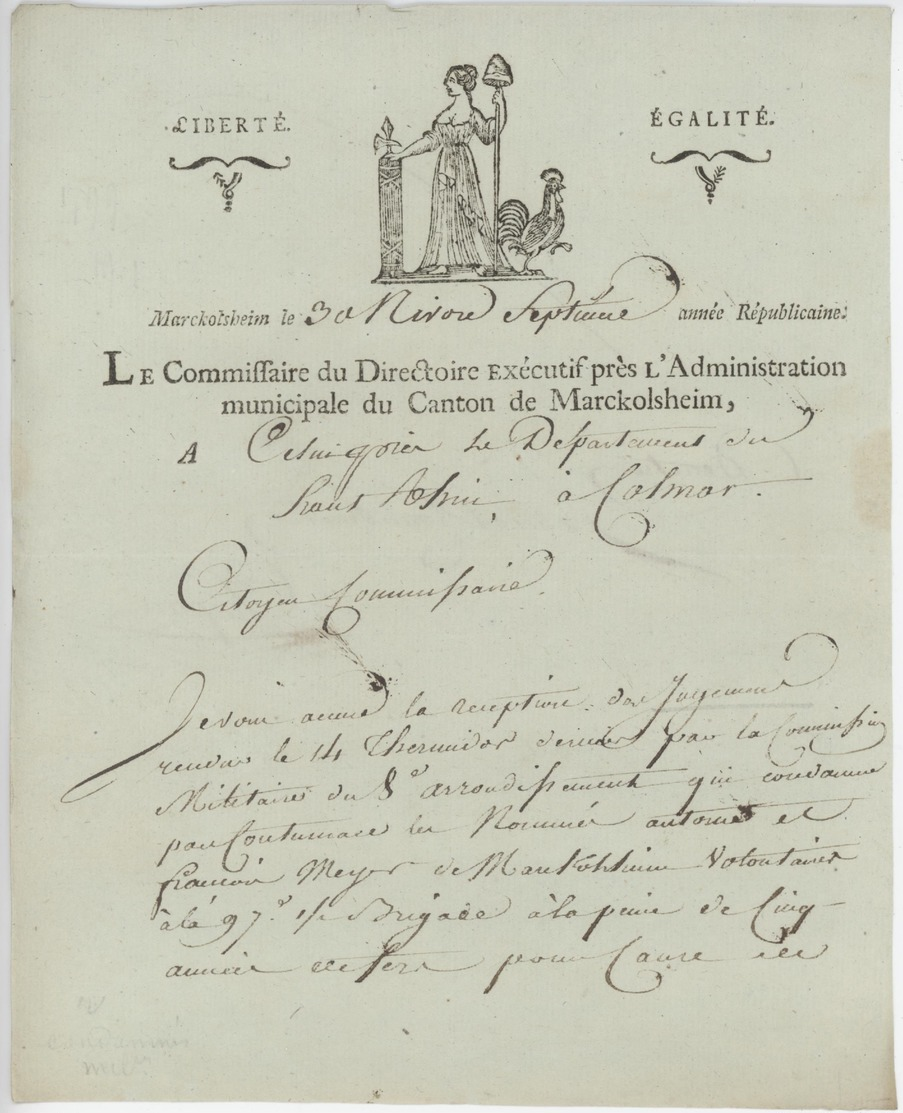 Marckolsheim An 7 - 19.1.1799 Héraldique  Le Commissaire Du Directoire Chapau - Documents Historiques