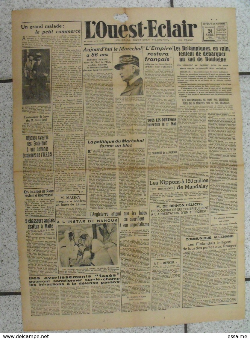 10 journaux "L'Ouest-Eclair". 1942. guerre. France occupée. articles pro-allemand. Japon USA Russie (8)