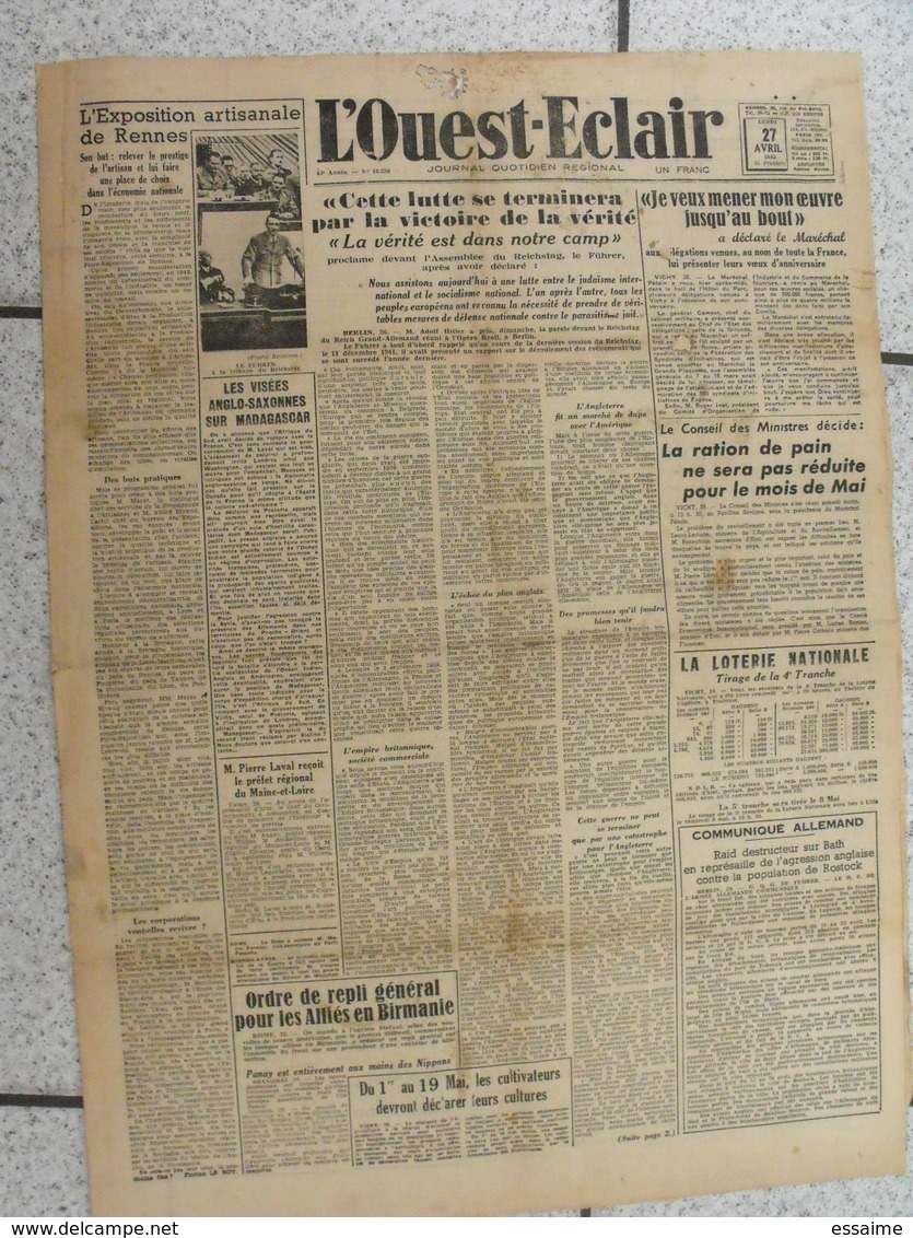 10 journaux "L'Ouest-Eclair". 1942. guerre. France occupée. articles pro-allemand. Japon USA Russie (8)