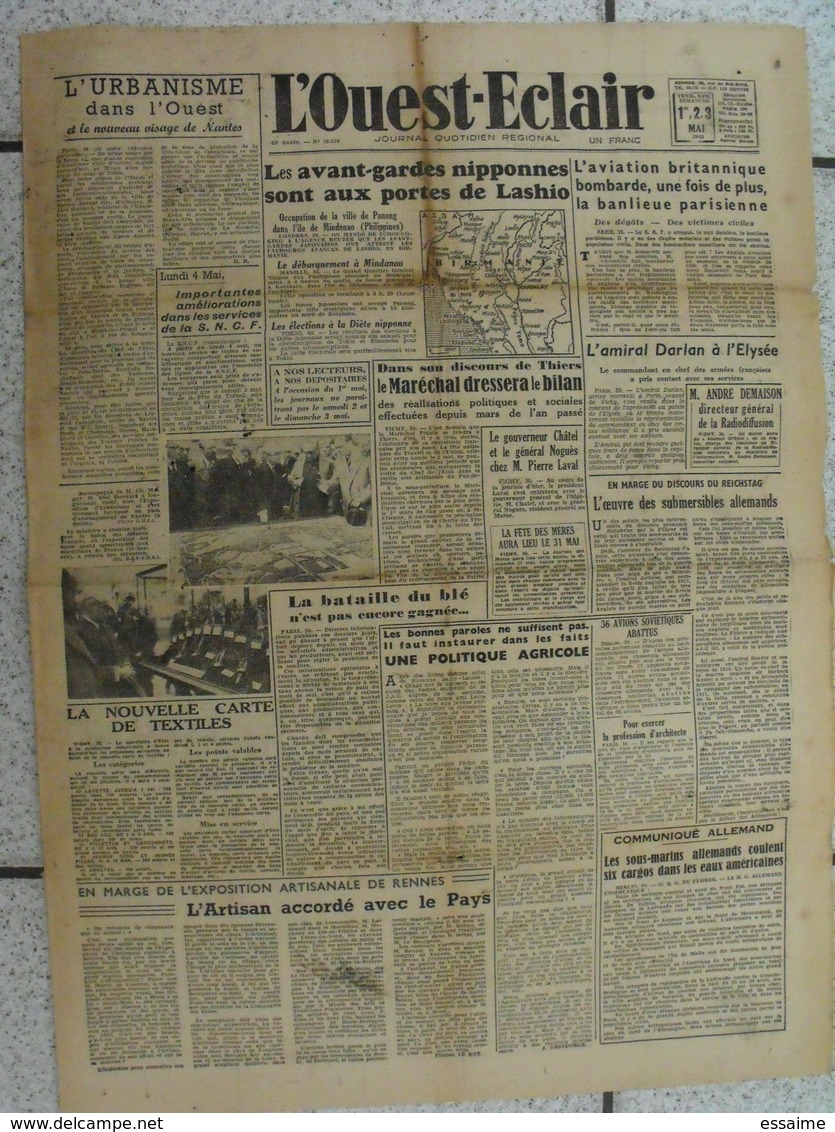 7 Journaux "L'Ouest-Eclair". 1942. Guerre. France Occupée. Articles Pro-allemand. Japon USA Russie (9) - Autres & Non Classés