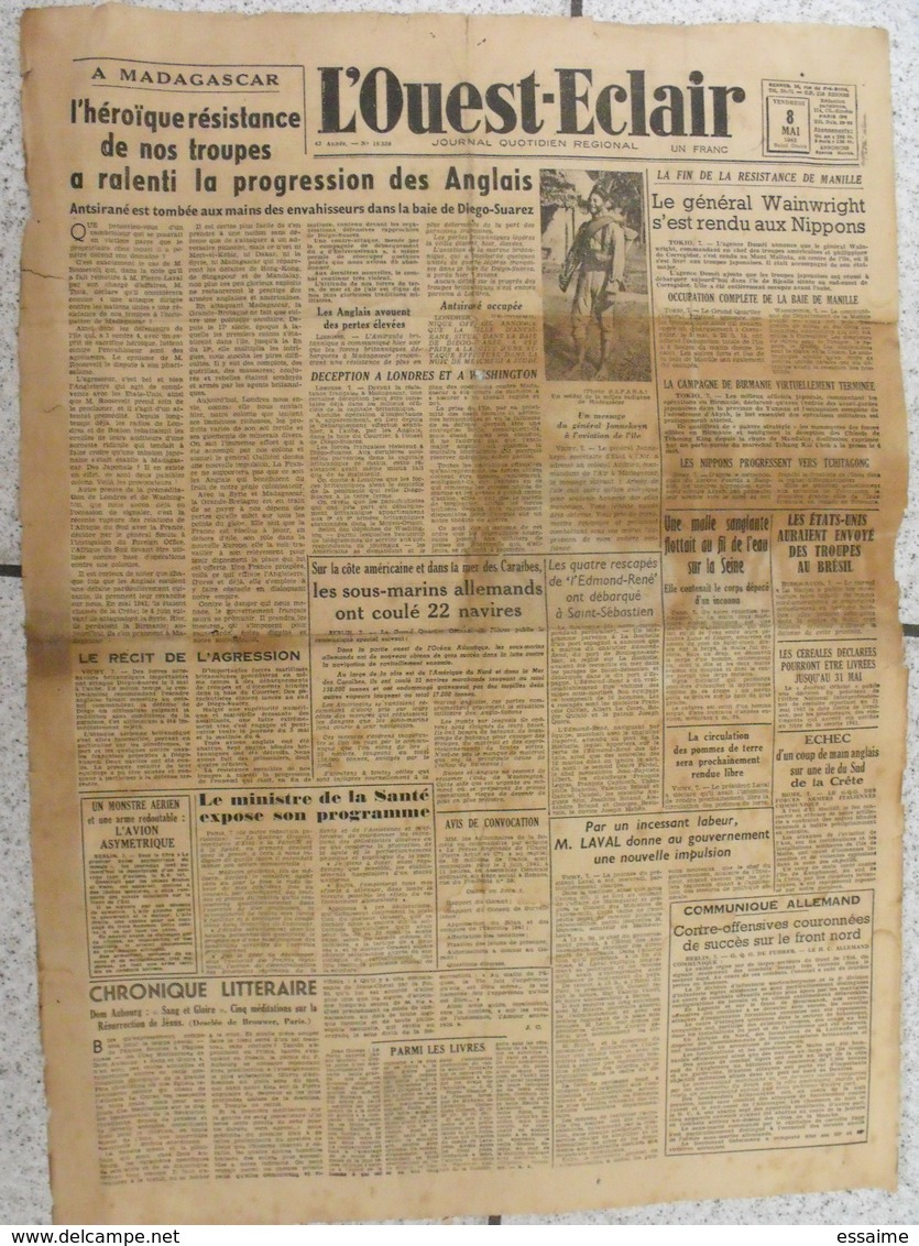 7 journaux "L'Ouest-Eclair". 1942. guerre. France occupée. articles pro-allemand. Japon USA Russie (9)