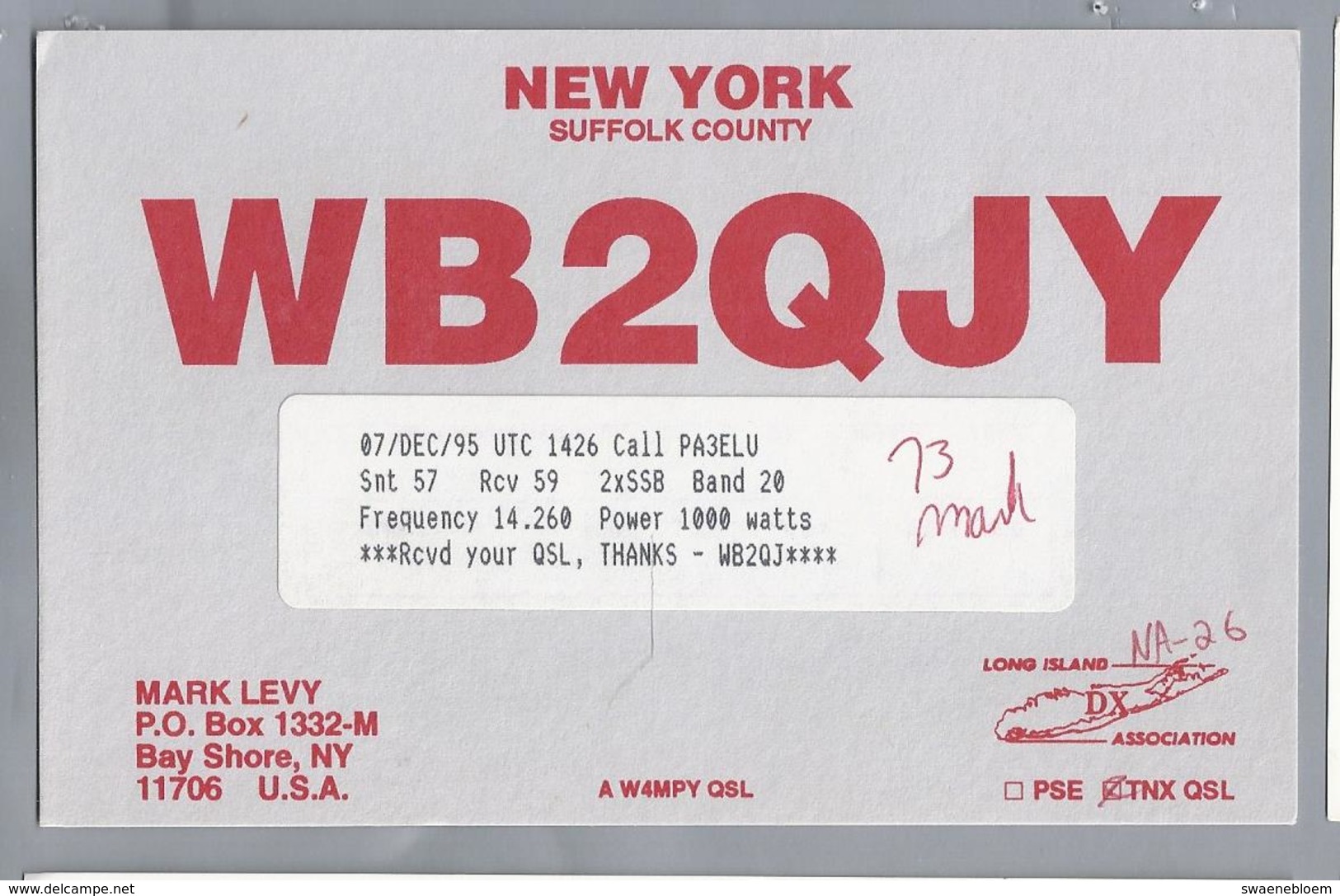 US.- QSL KAART. CARD.  WB2QJY. MARK LEVY, BAY SHORE, NEW YORK. SUFFOLK COUNTY. U.S.A. - Radio-amateur