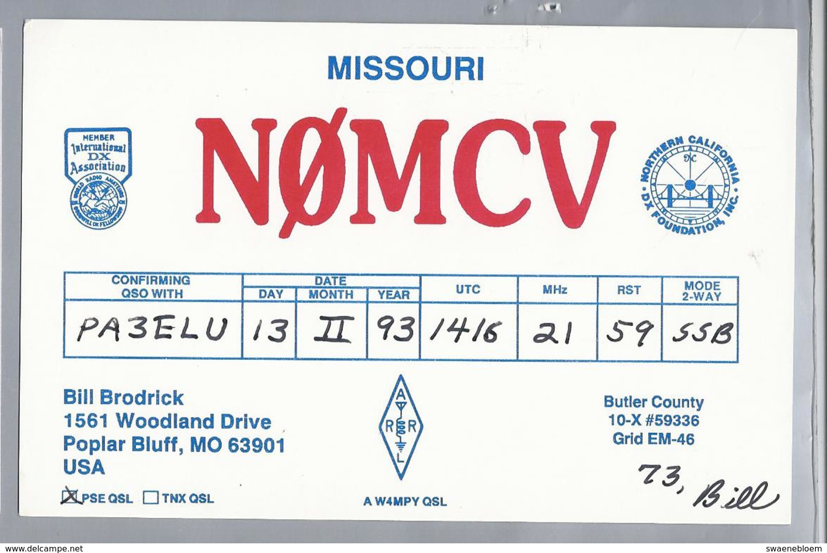 US.- QSL KAART. CARD.  NØMCV. NOMCV. BILL BRODRICK, POPLAR BLUFF, MISSOURI. BUTLER COUNTY. U.S.A. - Radio-amateur