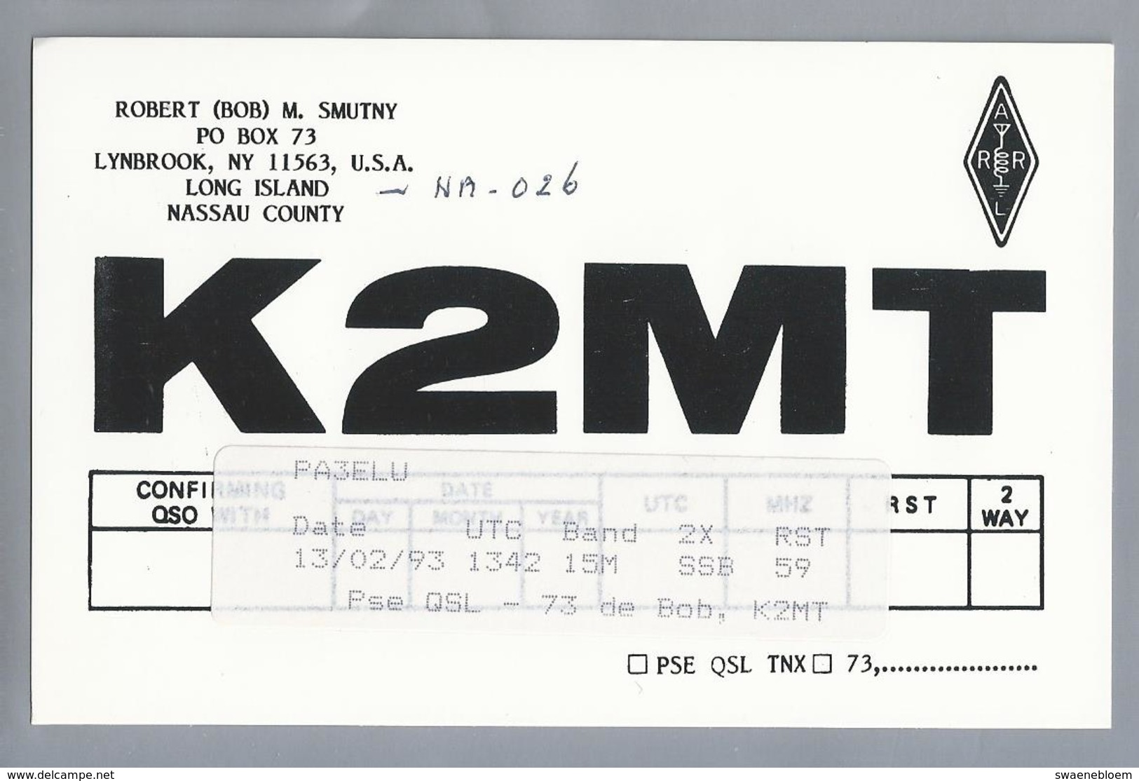 US.- QSL KAART. CARD. K2MT. ROBERT BOB M. SMUTNY, LYNBROOK, NEW YORK. LONG ISLAND. NASSAU COUNTY. U.S.A. - Radio-amateur