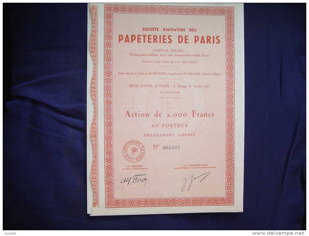 Action"Papeteries De Paris" Paper Industry Papier - Industrie