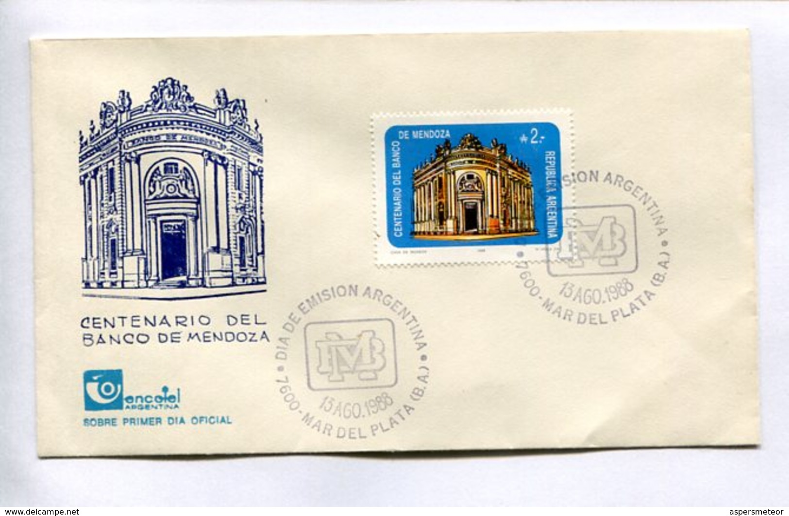 CENTENARIO DEL BANCO DE MENDOZA, BANQUE. 1988 MAR DEL PLATA ARGENTINE ENVELOPE FDC SOBRE PRIMER DIA -LILHU - Otros & Sin Clasificación