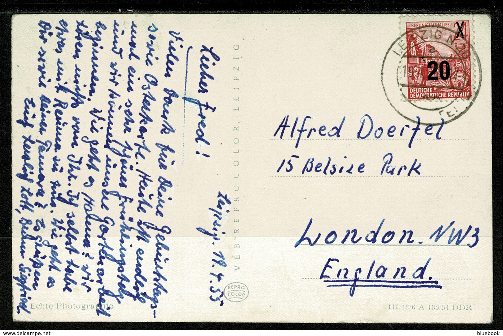 Ref 1308 - 1955 Postcard - East Germany 20pf Overprint (SG E194) Leipzig To London - Covers & Documents