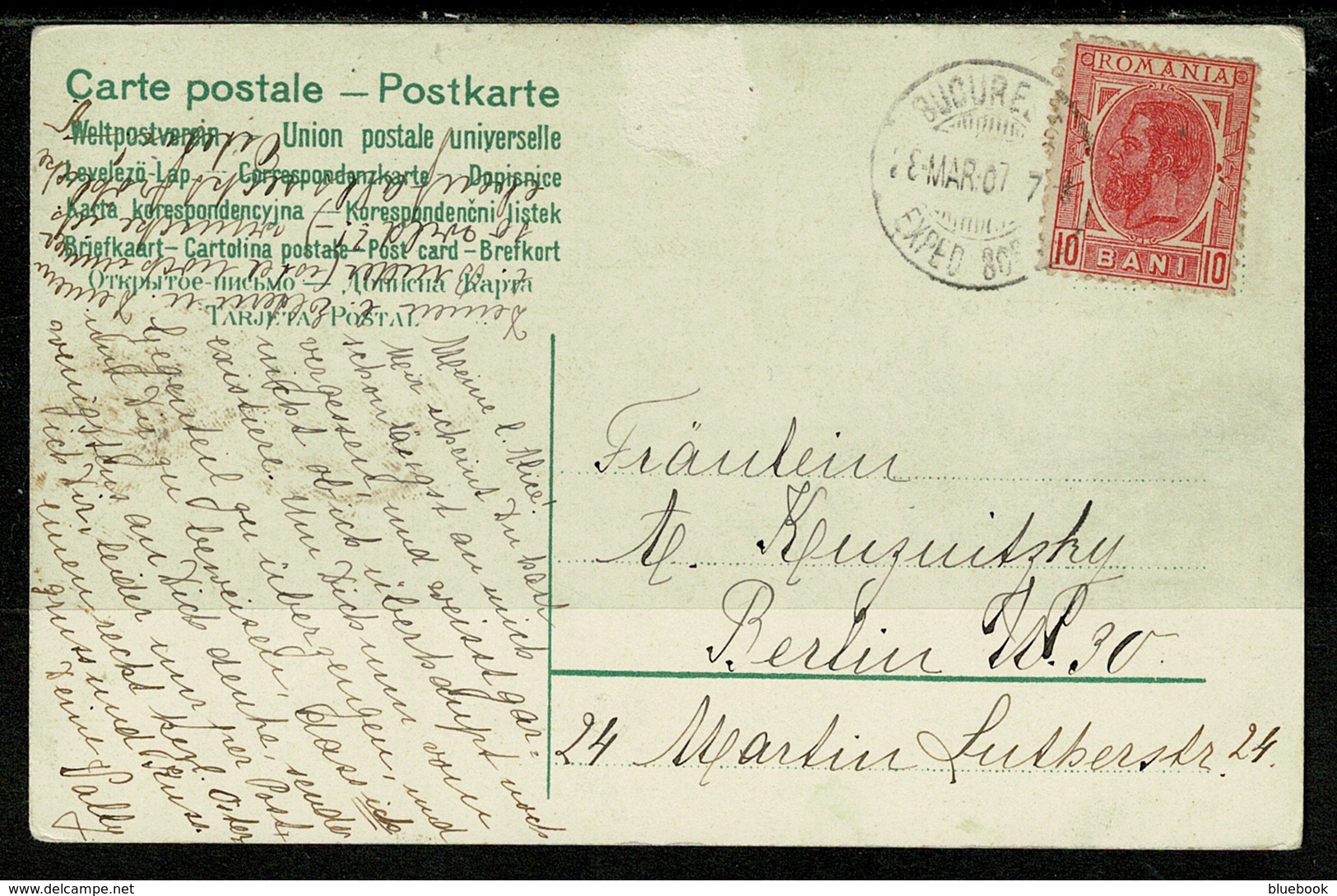 Ref 1308 - 1907 Easter Greetings Postcard - Romania 10 Bani Rate To Berlin - Clear Postmark - Romania