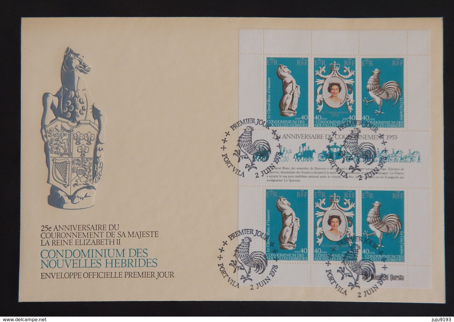 NOUVELLES HÉBRIDES  ENVELOPPE 1ER JOUR YT 540 A 2 TRIPTYQUES"25EME ANNIVERSAIRE COURONNEMENT DE LA REINE" 2/6/1978 TBE - FDC