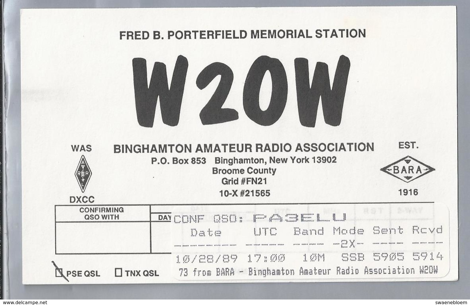 US.- QSL KAART. CARD. W2OW. FRED B. PORTERFIELD MEMORIAL STATION. BINGHAMTON AMATEUR RADIO ASS., BROOME COUNTY. U.S.A. - Radio-amateur