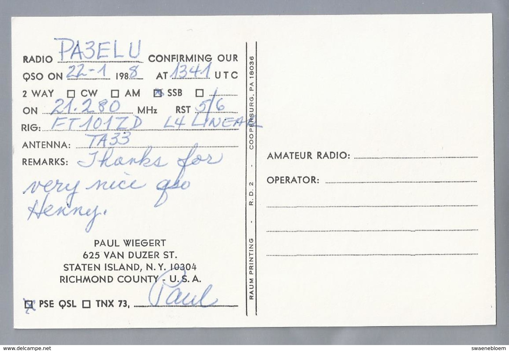 US.- QSL KAART. CARD. K2JFE. PAUL WIEGERT, STATEN ISLAND, NEW YORK. RICHMOND COUNTY. U.S.A. - Radio-amateur