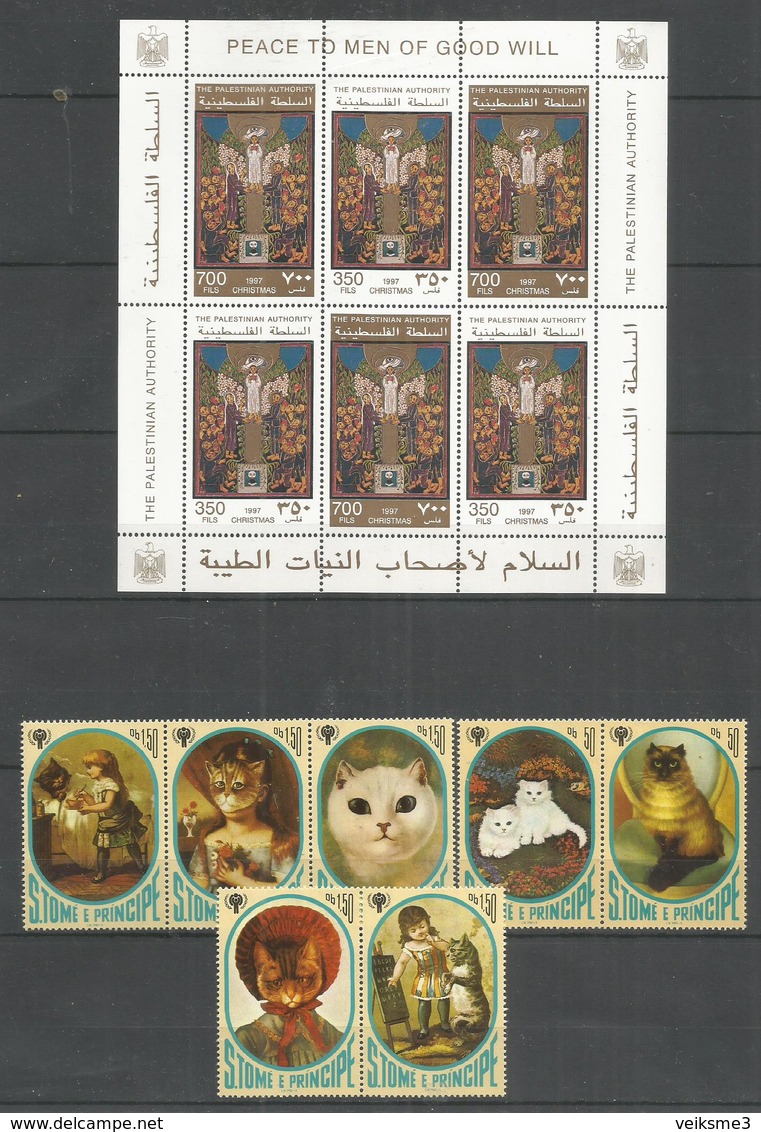 2 Pcs PALESTINE - S.TOME E PRINCIPE - MNH - Art - Painting - Christmas - Children - Cats - Religious