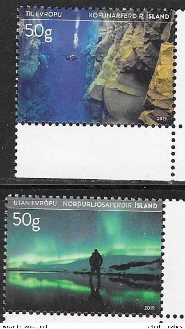 ICELAND , 2019, MNH, TOURIST STAMPS, DIVING, NORTHERN LIGHTS, AURORA BOREALIS, ARCTIC,2v - Other & Unclassified