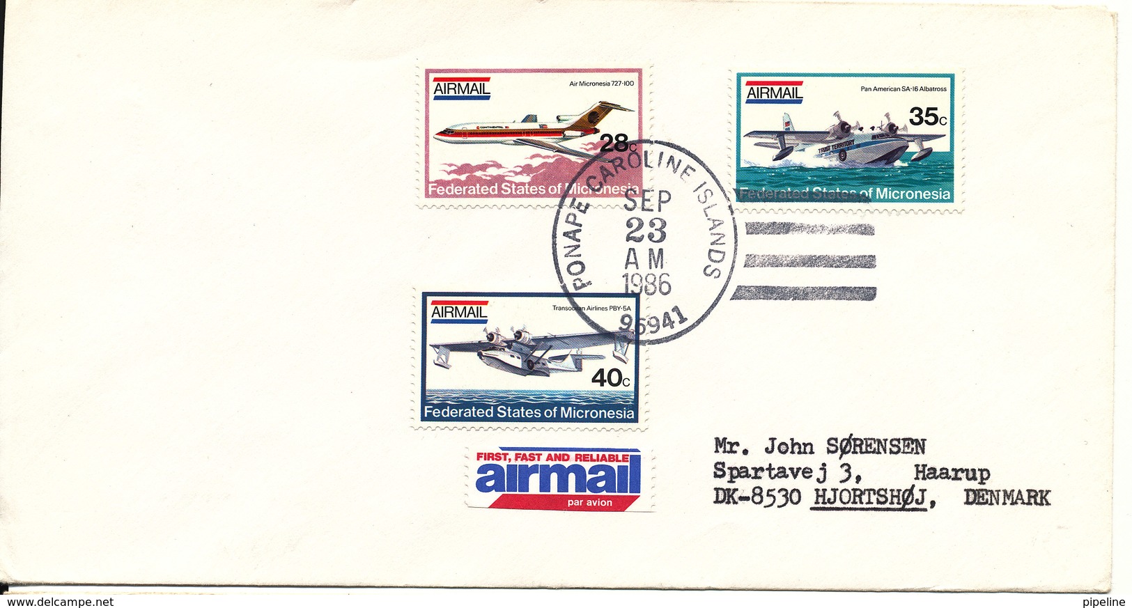 Micronesia Cover Sent To Denmark 23-9-1986 Set Of 3 Aeroplane Stamps - Micronésie