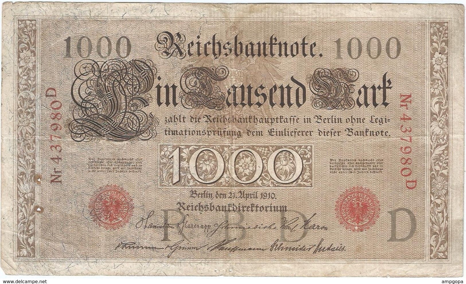 Alemania - Germany 1.000 Mark 21-4-1910 Pk 44 A Sellos Y Serie En Rojo, Serie De 6 Dígitos Ref 35-3 - 1.000 Mark