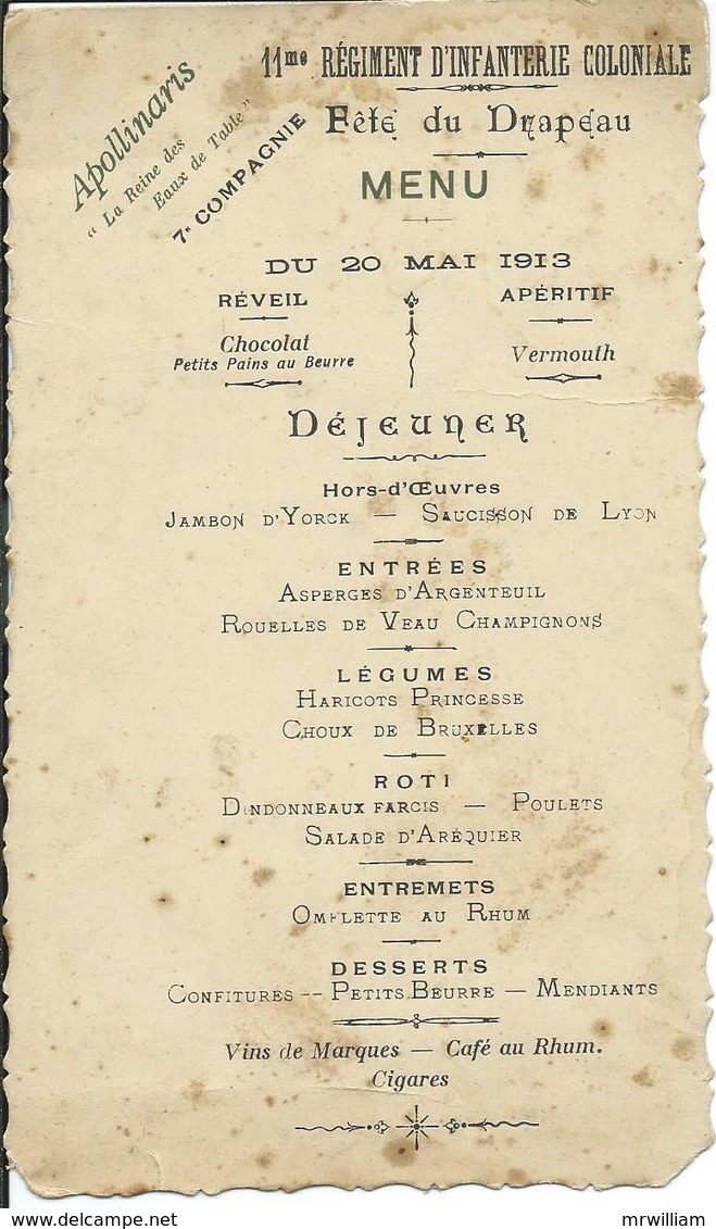 Menu: Fête Du Drapeau Du 11me Régiment D'Infanterie Coloniale, 7e Compagnie, Du 20 Mai 1913  (MILITARIA) - Menus