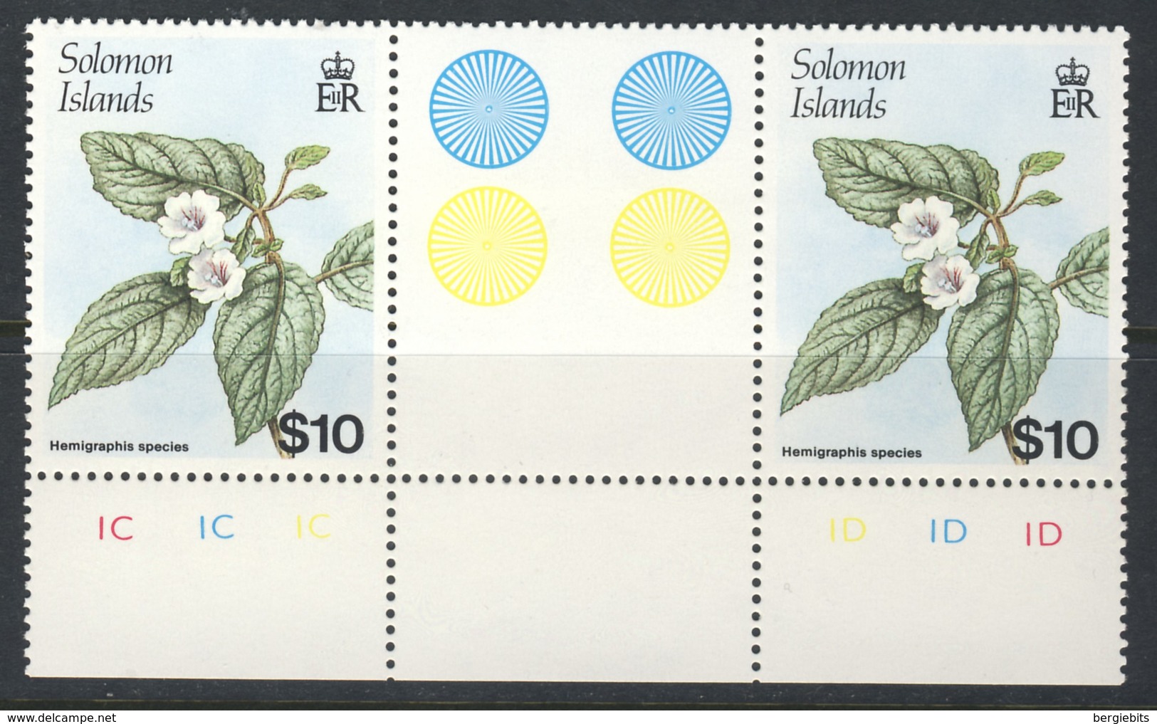 1988 Solomon Islands MNH OG Very Scarce Gutter Pair Of The 10 Dollar High Value "Native Flowers" Stamp, Michel 675 - Solomon Islands (1978-...)