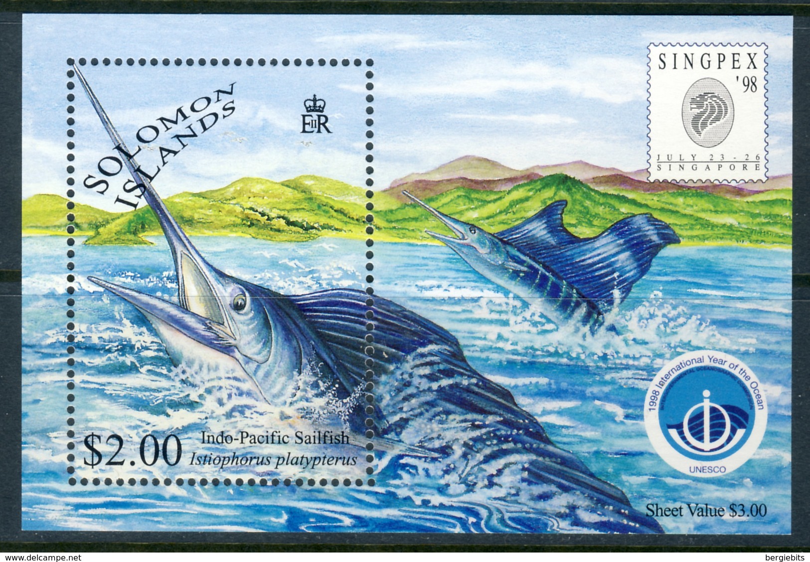 1998 Solomon Islands MNH OG "Sailfish" Souvenir Sheet Issued For "Singpex" Block 54 - Solomon Islands (1978-...)