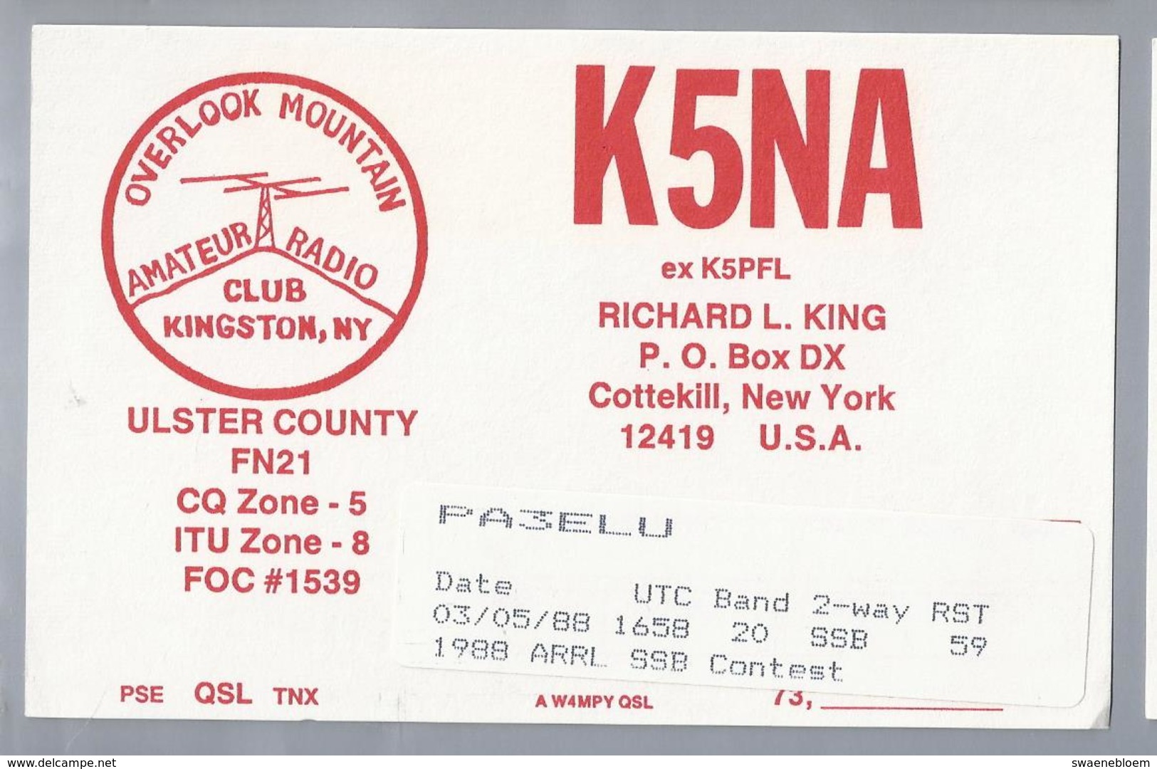 US.- QSL KAART. CARD. K5NA. RICHARD L. KING, COTTEKILL NEW YORK. ULSTER COUNTY. U.S.A. CLUB KINGSTON OVERLOOK MOUNTAIN - Radio-amateur