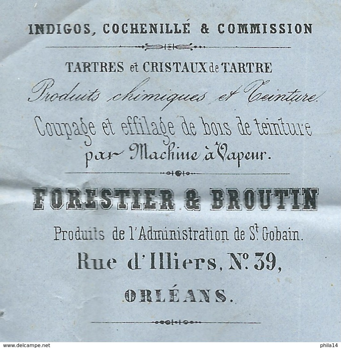 N° 22 BLEU NAPOLEON SUR LETTRE / ORLEANS POUR VIERZON 1867 / CRISTAUX DE TARTRE FORESTIER & BROUTIN / BUREAU PASSE - 1849-1876: Période Classique