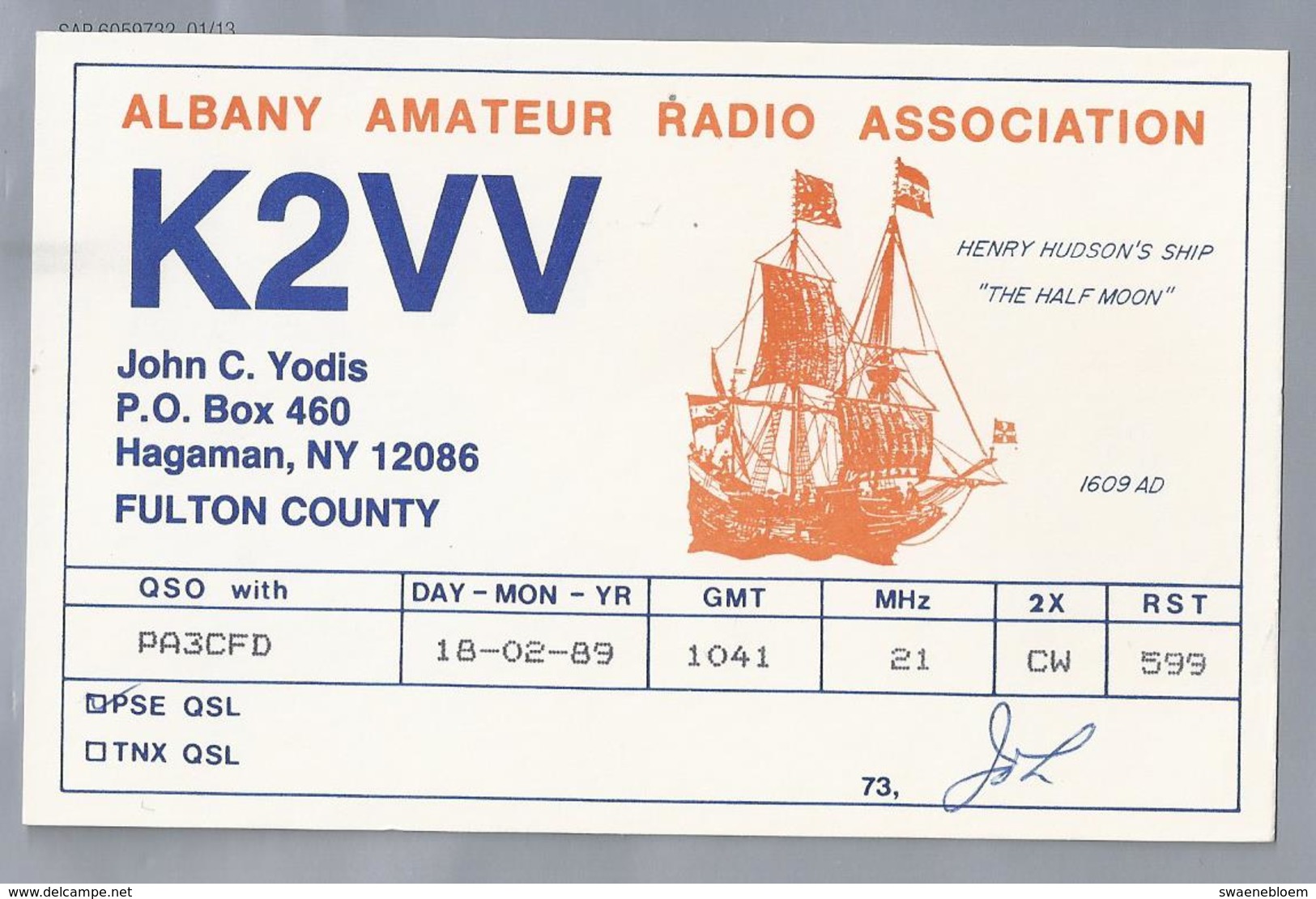 US.- QSL KAART. CARD. K2VV. JOHN C. YODIS, HAGAMAN, NEW YORK. FULTON COUNTY. U.S.A. ALBANY AMATEUR RADIO ASS. - Amateurfunk