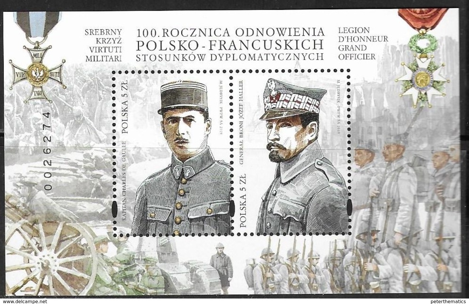 POLAND, 2019, MNH, JOINT ISSUE WITH FRANCE, DIPLOMATIC RELATIONS, WWII, DE GAULLE,  JOZEF HALLER, MILITARY, SHEETLET. - Joint Issues