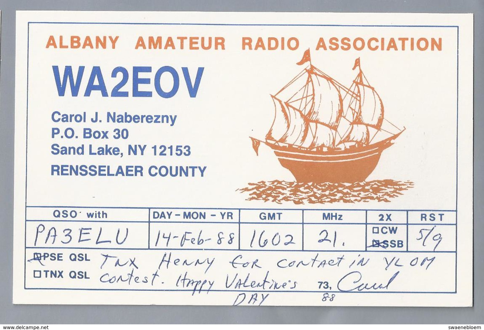 US.- QSL KAART. CARD. WA2EOV. CAROL J. NABEREZNY, SAND LAKE NEW YORK RENSSELAER COUNTY. U.S.A. ALBANY AMATEUR RADIO ASS. - Radio-amateur