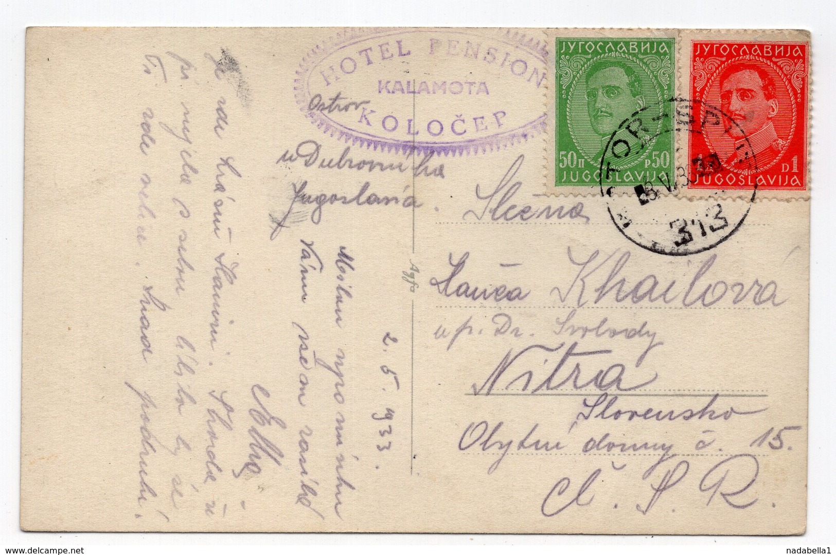 1933 YUGOSLAVIA, CROATIA, SHIP MAIL KOTOR -SPLIT 356, TO NITRA, SLOVAKIA, KOLOCEP, ILLUSTRATED POSTCARD, USED - Croatia