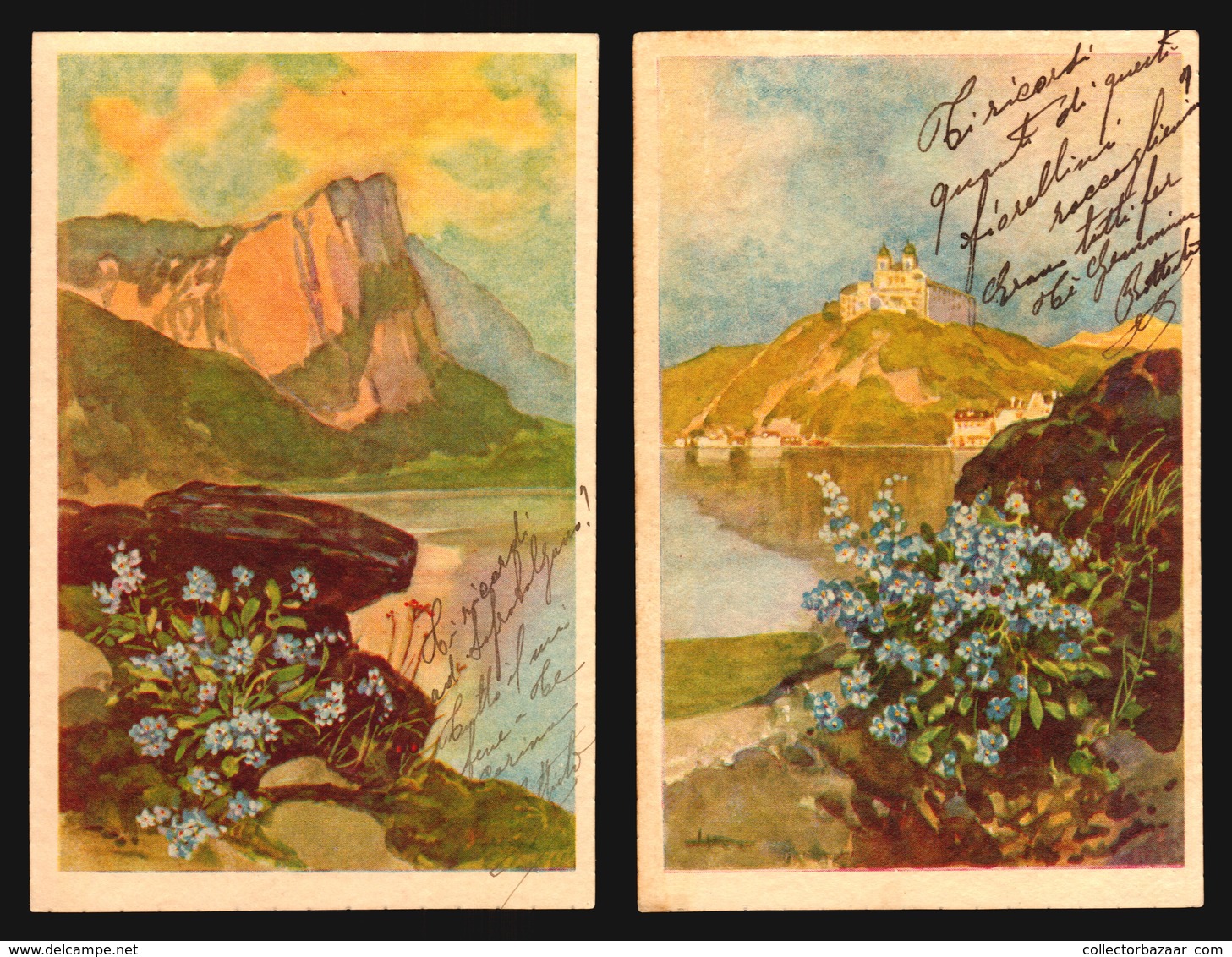 Italian Artist Signed Degami 2 Postcards Mountains Flowers Landscape W5-572 - Altri & Non Classificati