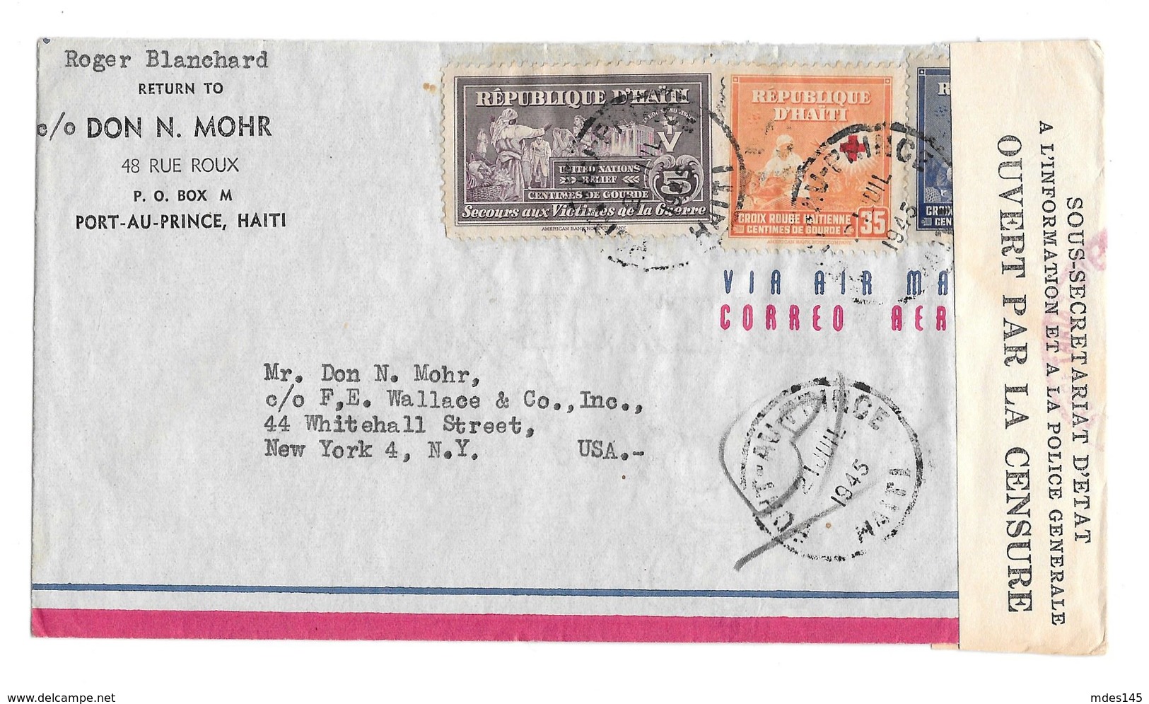 Haiti Censored Airmail Cover 1945 WWII Port Au Prince To US 366 RA3 Postal Tax Stamp - Haiti