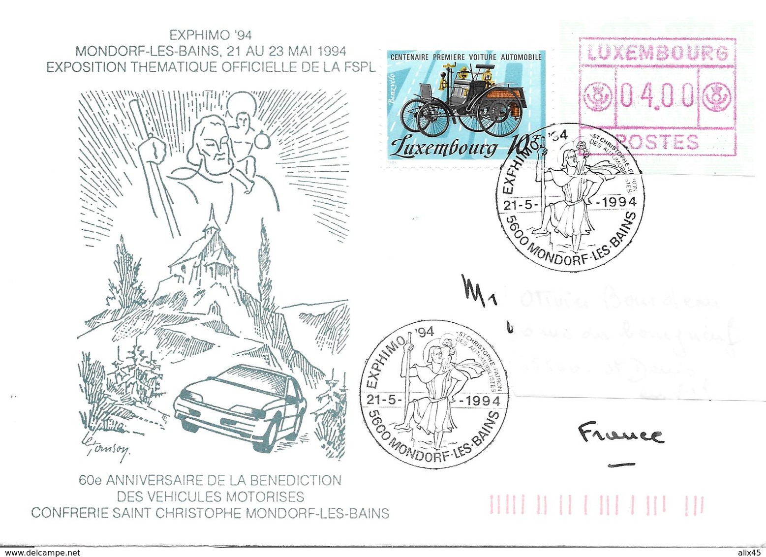 EXPHIMO'94 - 60e Anniversaire De La Bénédiction Des Véhicules Motorisés - ST CHRISTOPHE Au 21-5-1994 - Postage Labels