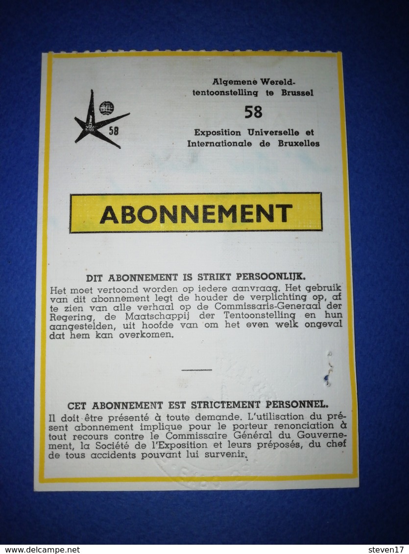 EXPOSITION BRUXELLES 1958 ABONNEMENT - Non Classés