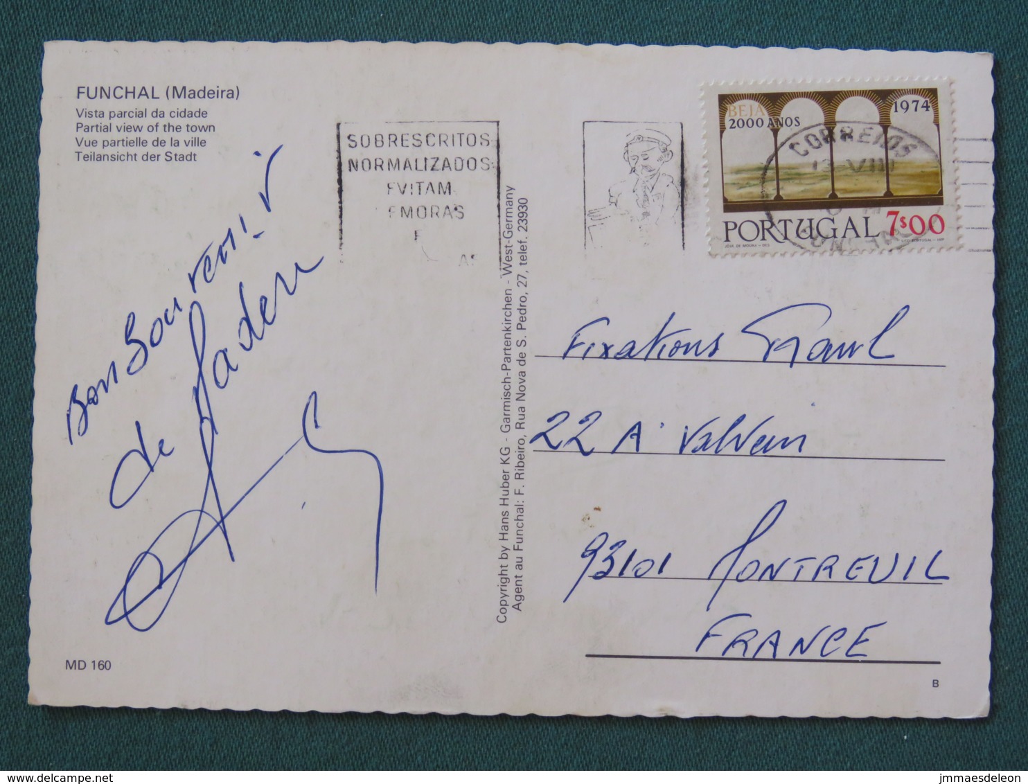 Madeira Portugal 1974 Postcard "Funchal Madeira" To France - Beja - Postman Slogan - Lettres & Documents