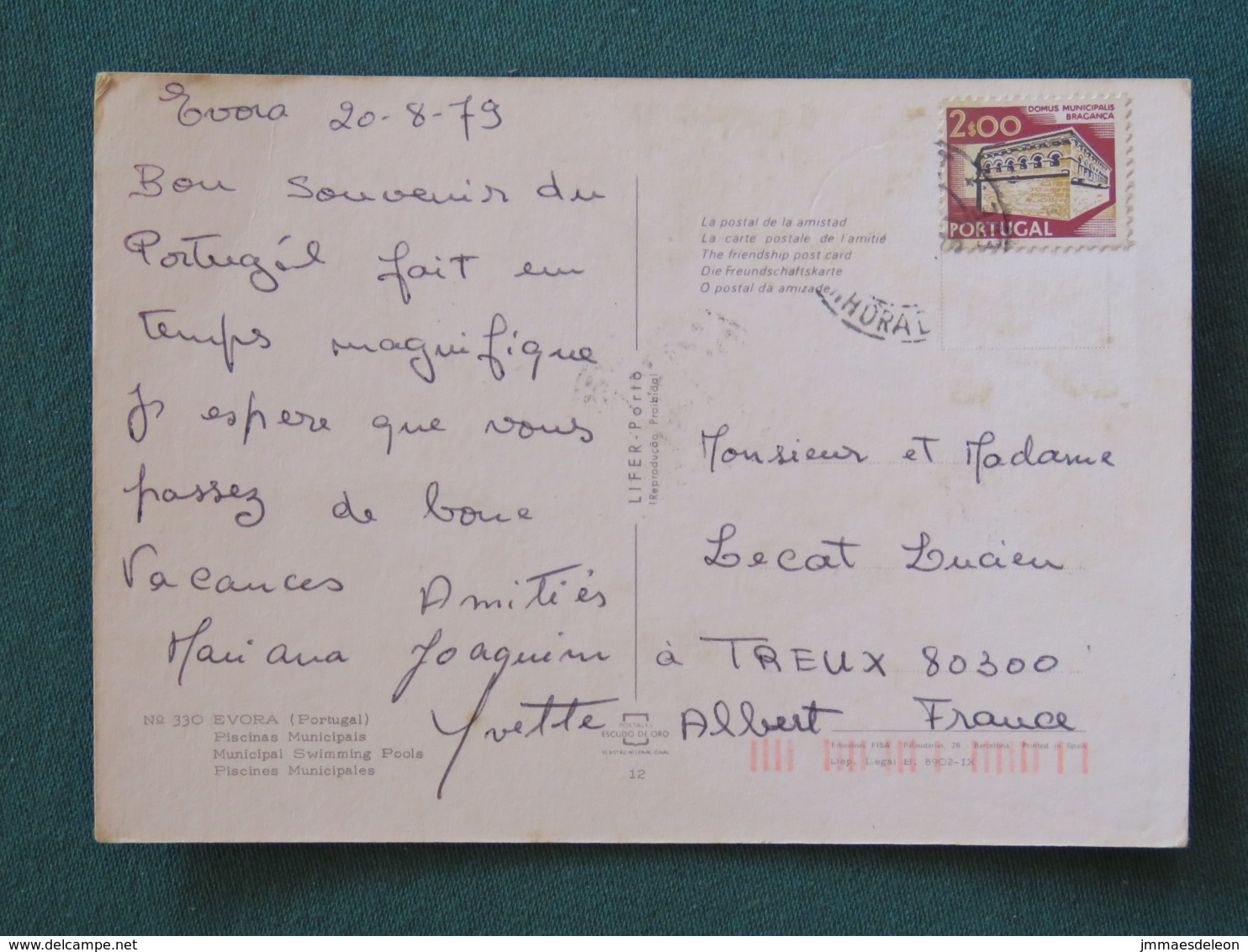 Portugal 1979 Postcard "Evora Pool" To France - Braganca Town Hall - Lettres & Documents