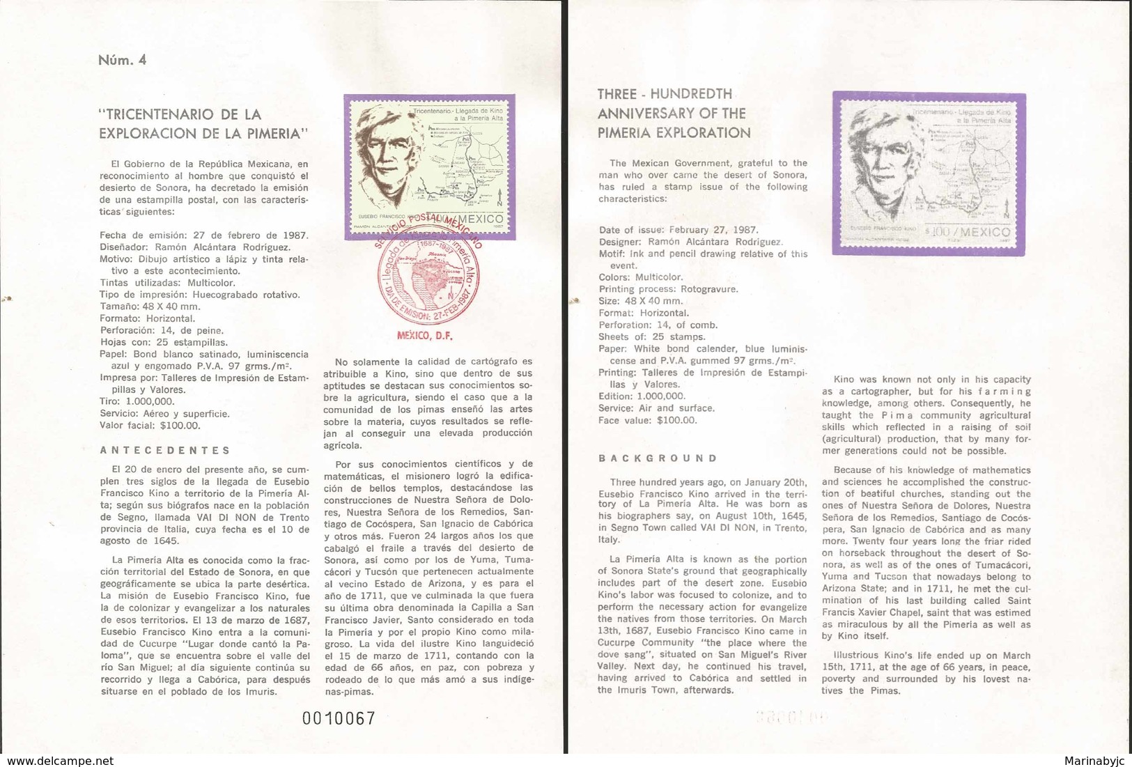 V) 1987 MEXICO, THREE-HUNDREDTH ANNIVERSARY OF THE PIMERIA EXPLORATION, FDB - Mexico