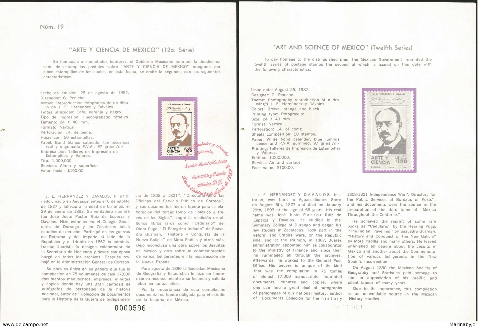 V) 1987 MEXICO, ART AND SCIENCE OF MEXICO( TWELFTH SERIES), J. E. HERNANDEZ Y DAVALOS , FDB - Mexico