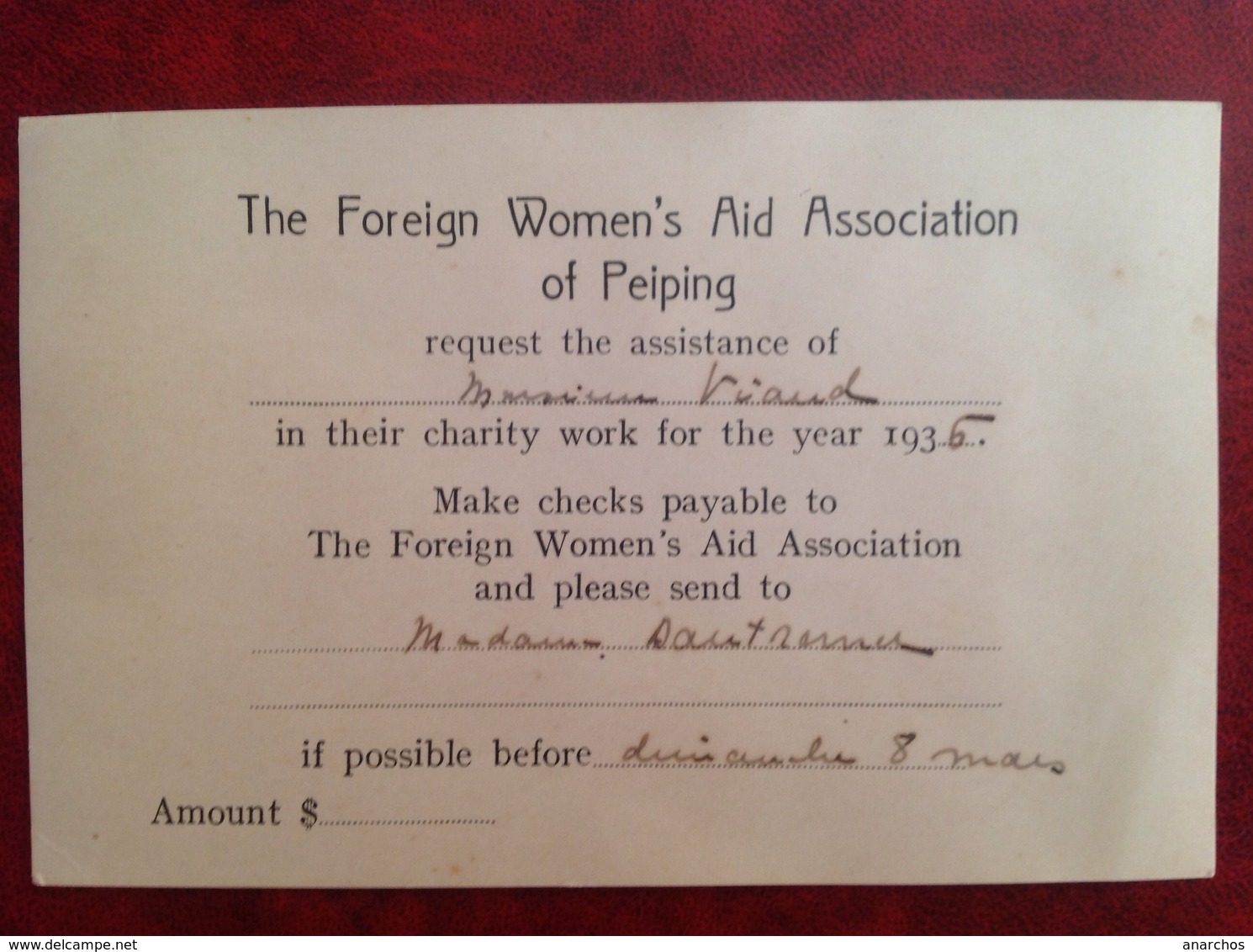 Viaud Consul De France à Canton, Foreign Women's Aid Association Of Peiping 1936 - Unclassified