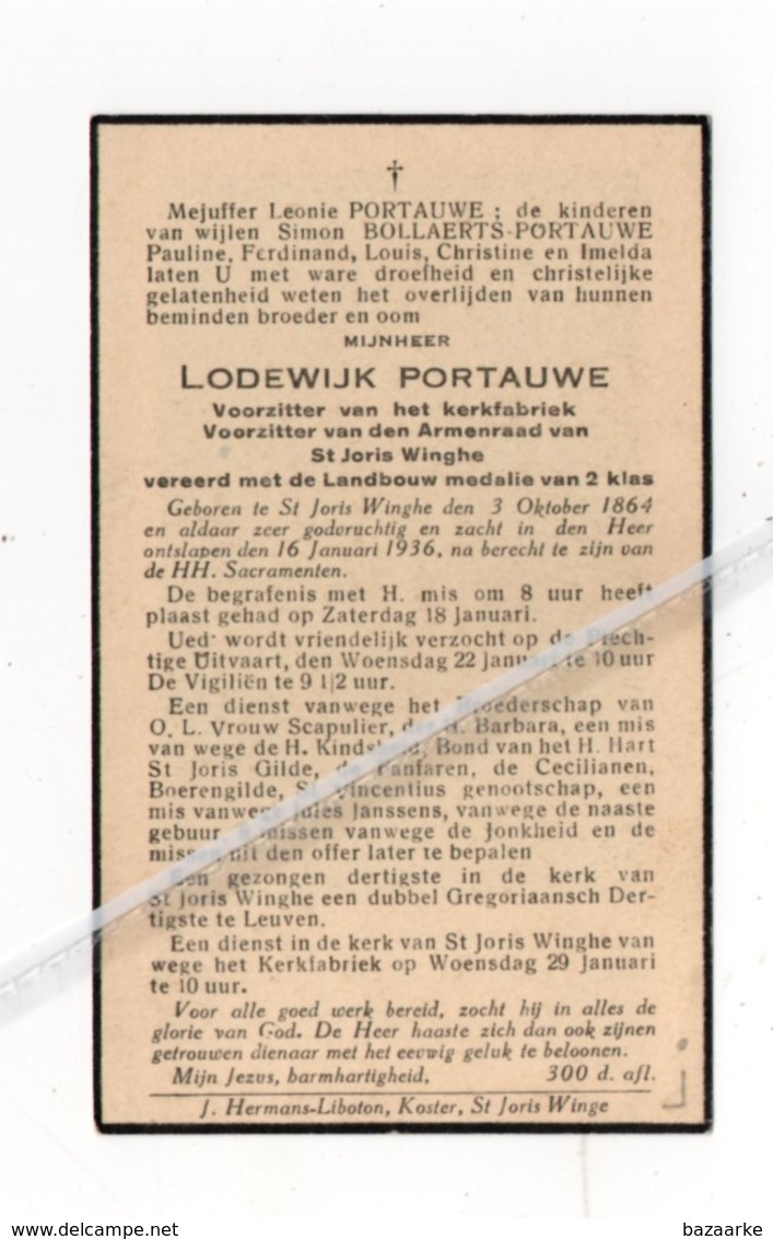 LODEWIJK PORTAUWE ° ST.JORIS -WINGHE 1864 + 1936 /VOORZITTER KERKFABRIEK EN ARMENRAAD - Images Religieuses