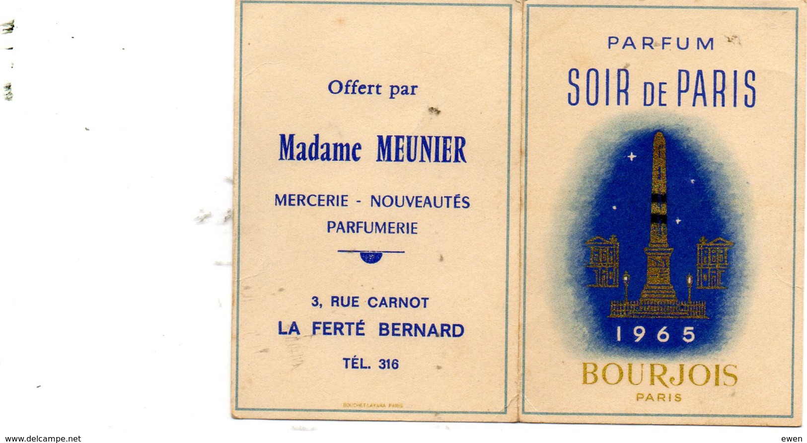 Ancien Calendrier De Poche Parfumé De 1965. Parfum Bourjois Soir De Paris. Madame Meunier à La Ferté-Bernard - Formato Piccolo : 1921-40