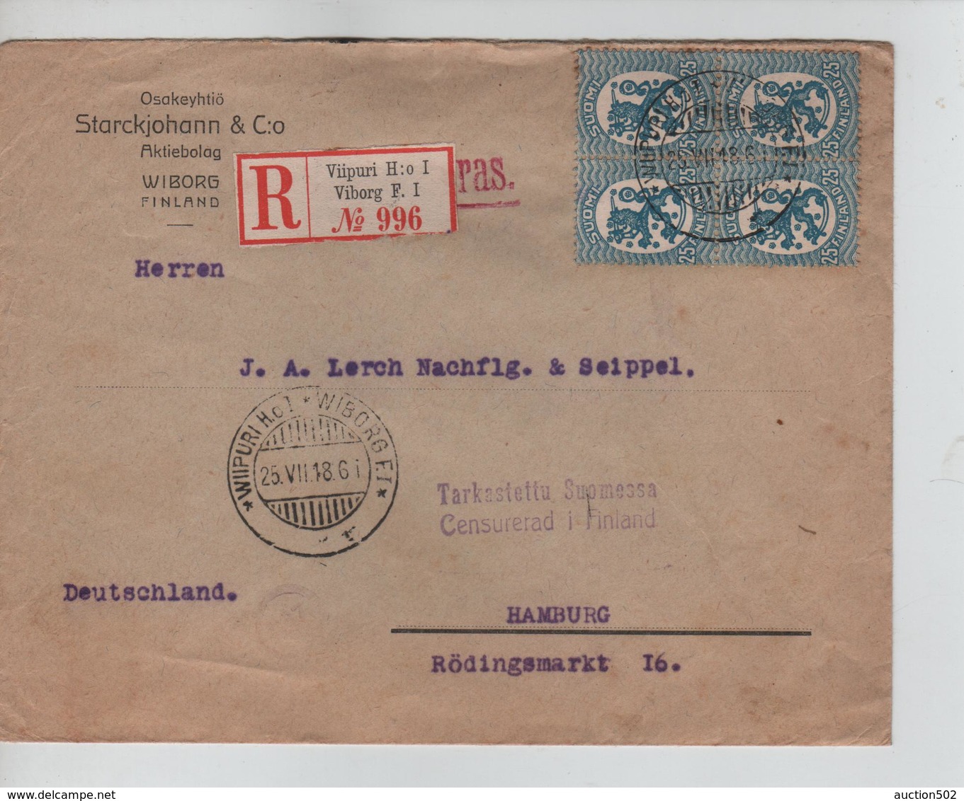 PR6739/ Finland Registered Cover Viipuri-Viborg 25/7/18 Censored Via Helsinki > Hamburg Arrival Cancellation - Lettres & Documents