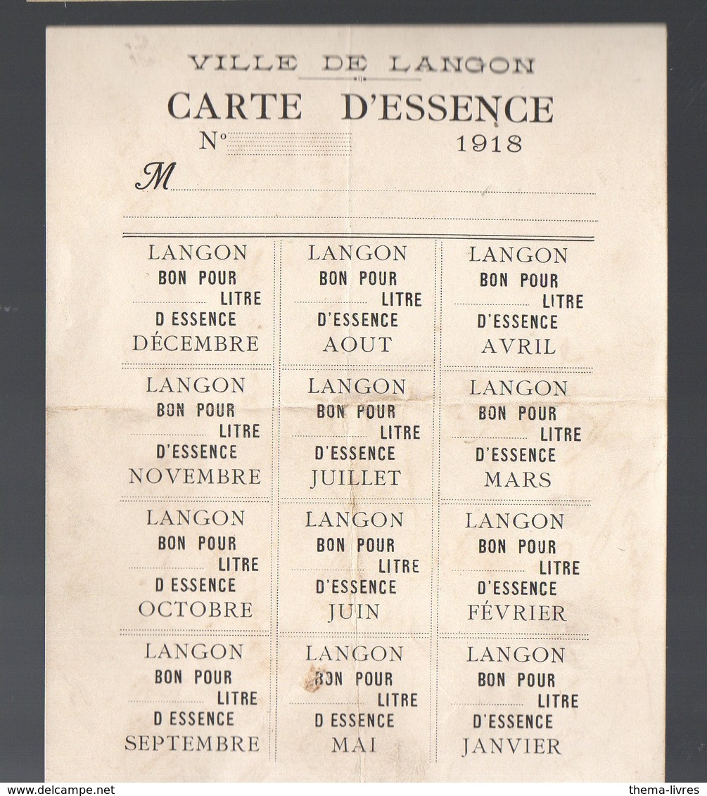 Langon (33 Gironde) Carte D'essence 1918  (au Verso Un Reçu Manuscrit)  (PPP19737) - Non Classés