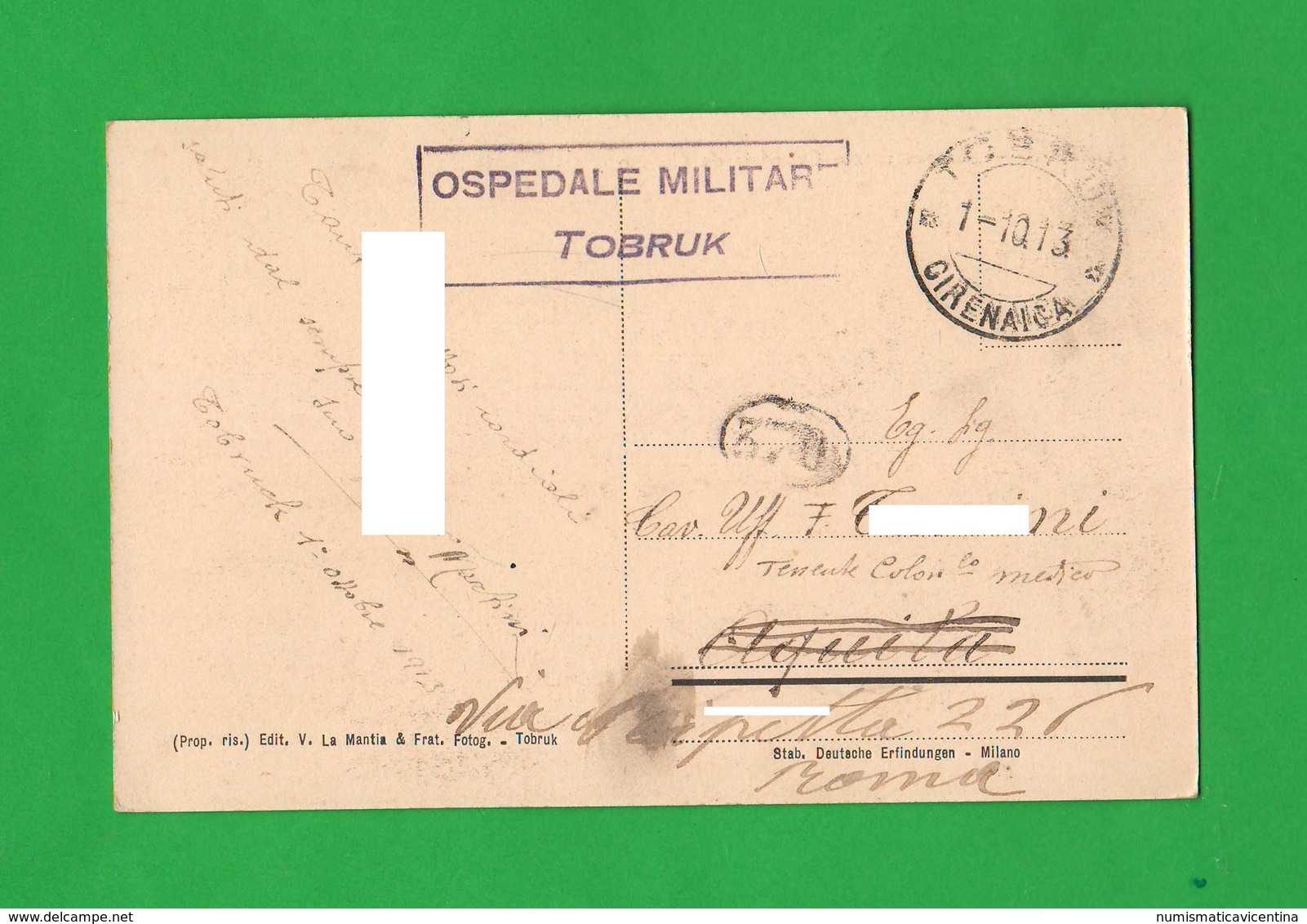 Annullo Ospedale Militare Tobruk 1913 Libia Libya X Ten. Collonnello Medico Di Roma - Militaria