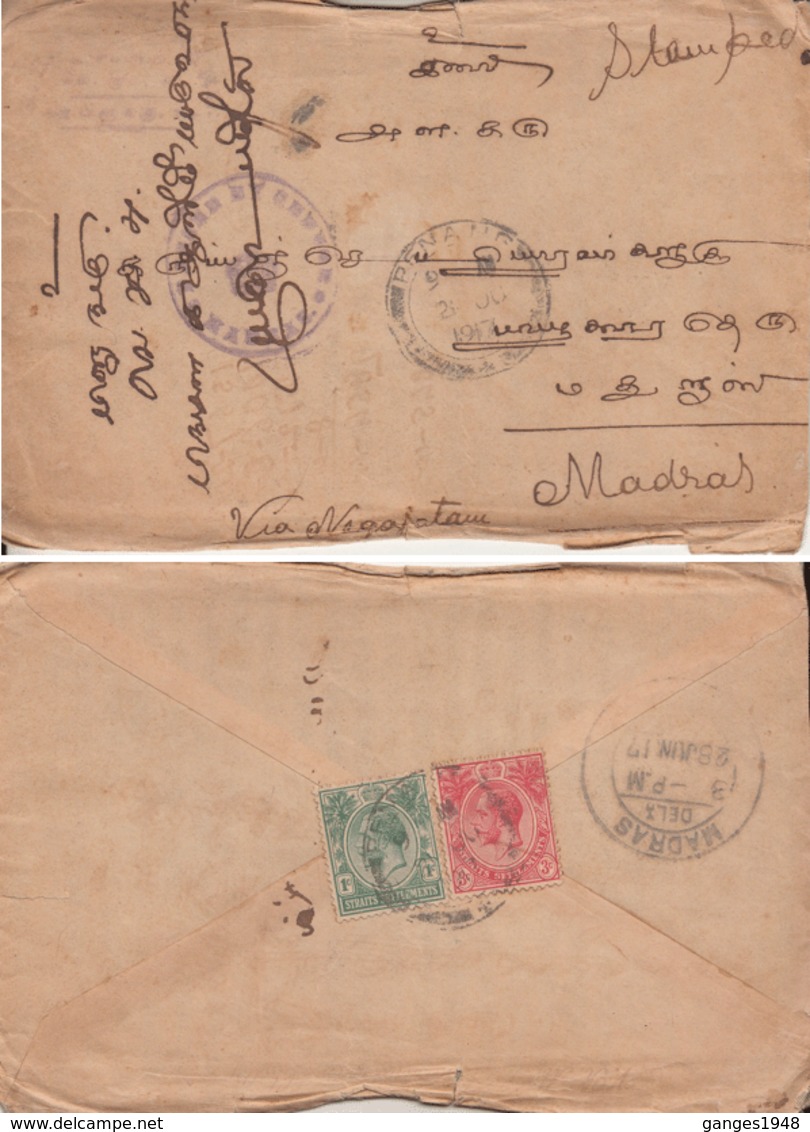 1917 Penang  Madras Censored Cover To India  # 21282  D  Inde  Indien - Penang