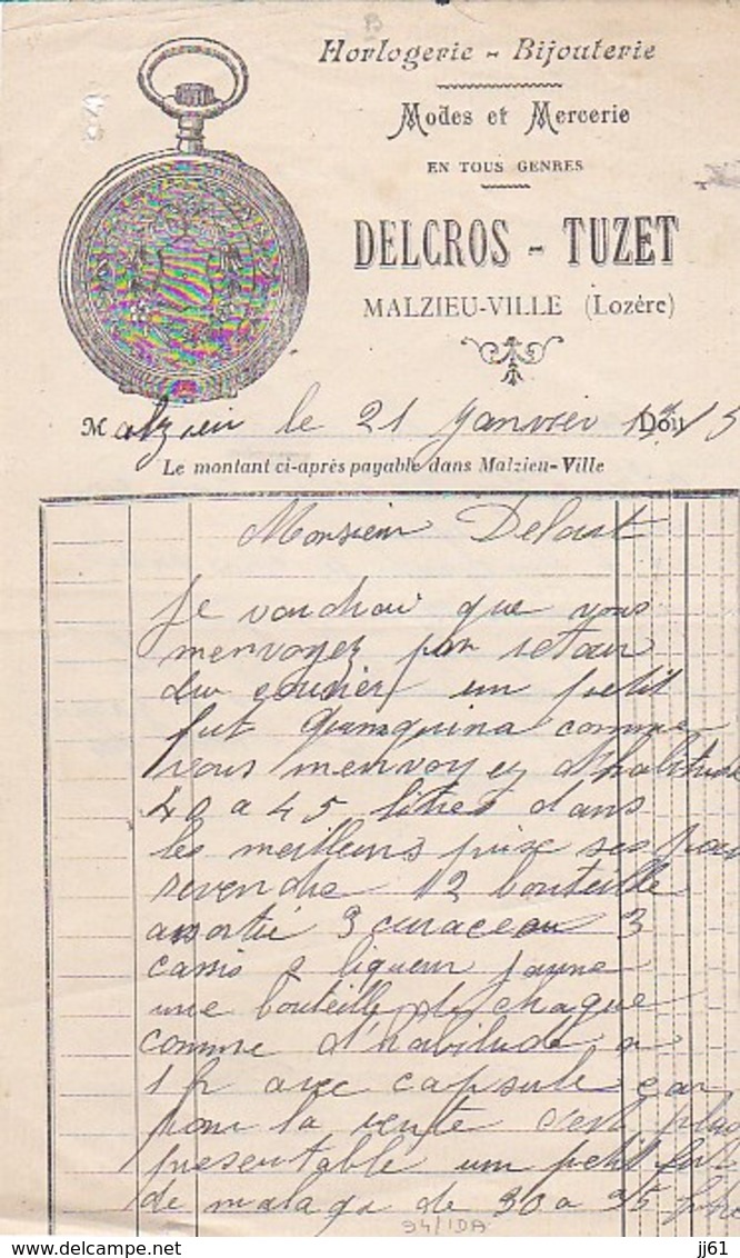 MALZIEU VILLE DELCROS TUZET HORLOGERIE BIJOUTERIE MODES ET MERCERIE ANNEE 1915 - Other & Unclassified