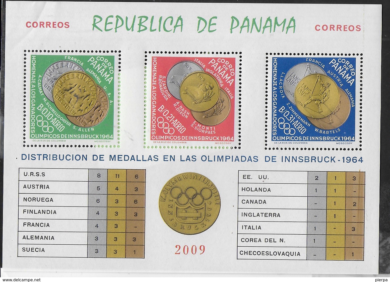 PANAMA - 1964 - GIOCHI OLIMPICI INVERNALI - INNSBRUCK '94 - MEDAGLIERE - FOGLIETTO NUOVO **NH (MICHEL BL 29A) - Inverno1964: Innsbruck