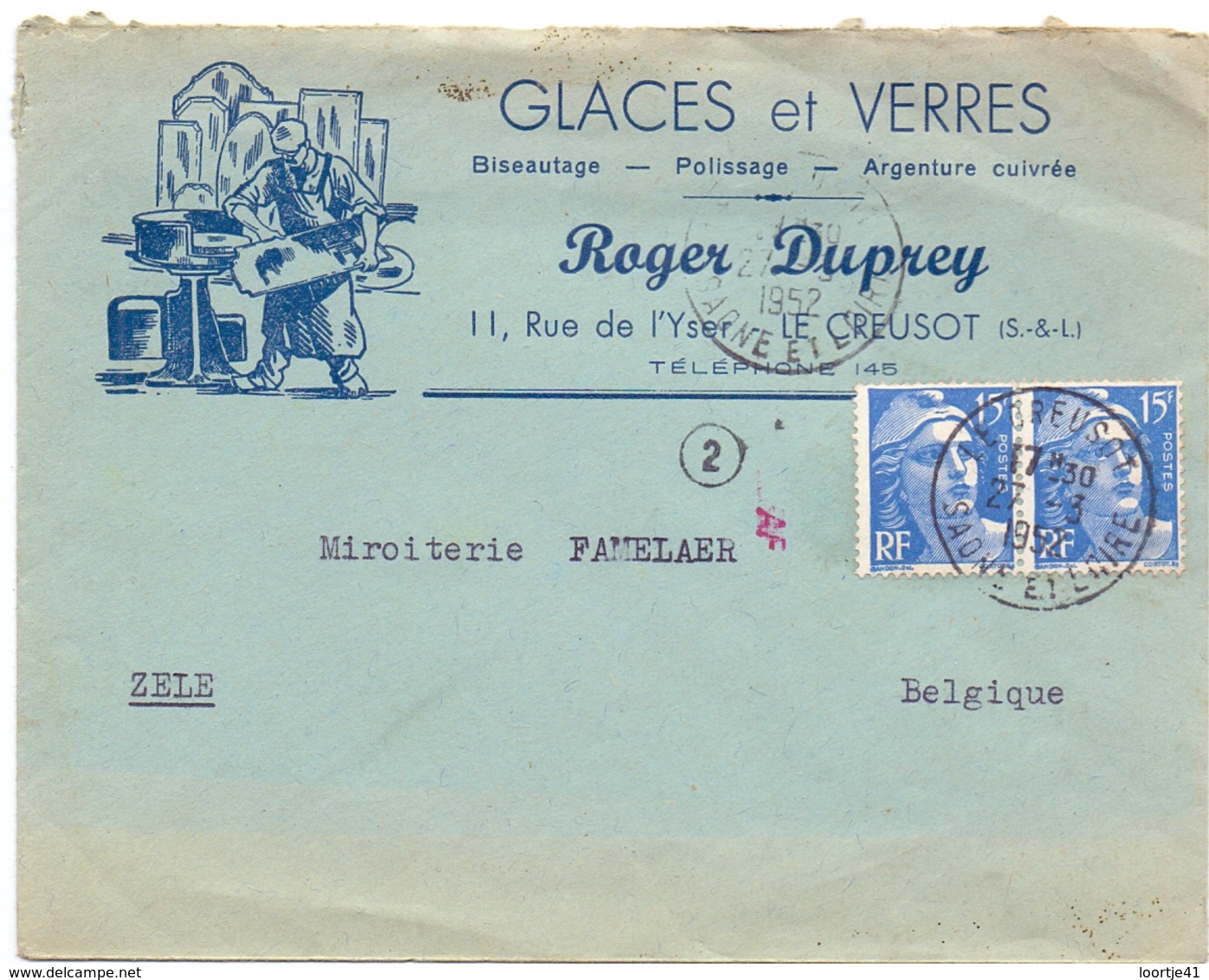 Omslag Enveloppe - Pub Reclame Glaces & Verres Roger Duprey - Le Creusot - à Zele Belgique - 1952 - Enveloppes Types Et TSC (avant 1995)