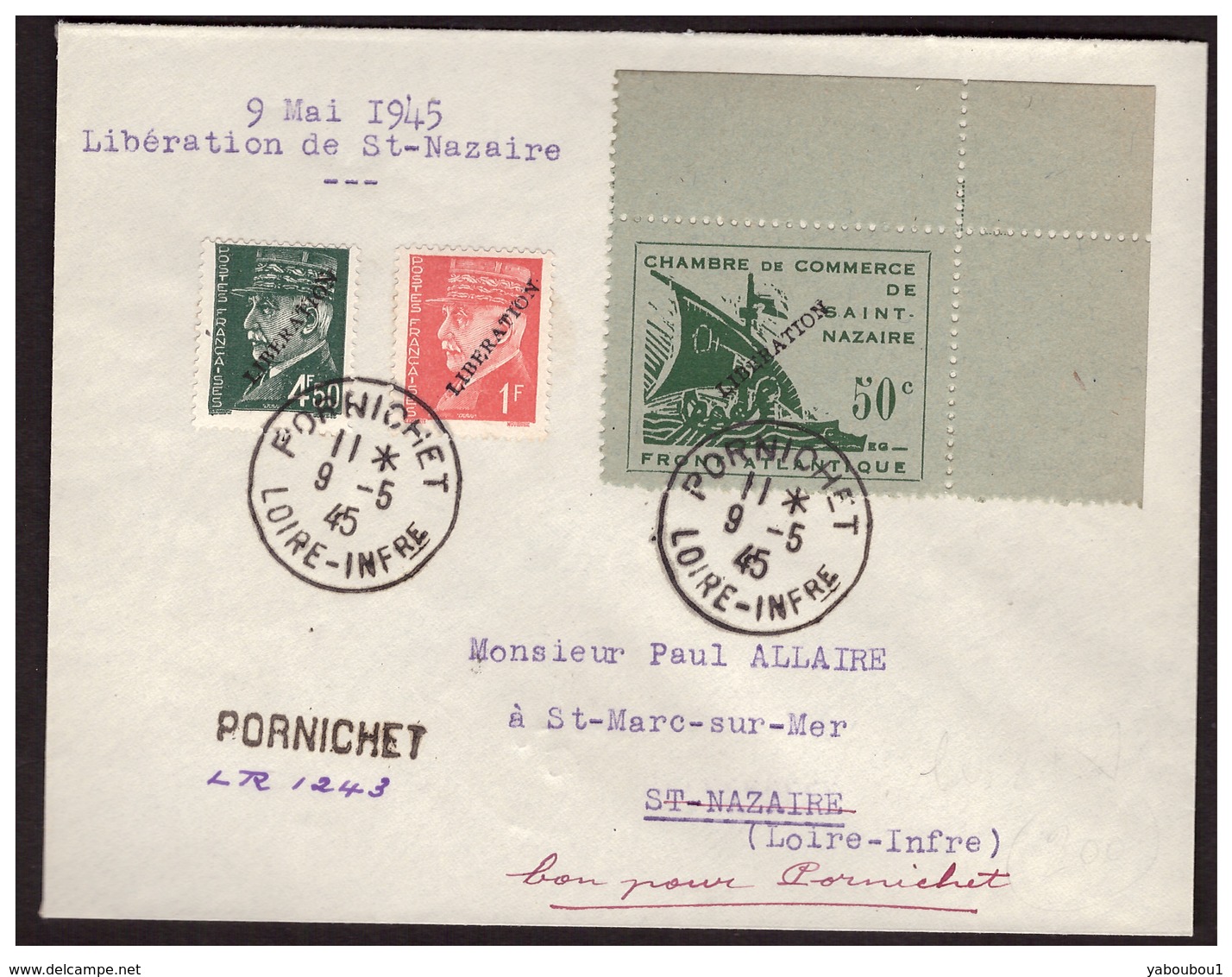 Sur Lettre Rec. De PORNICHET Du 9.5.45. Timbre N° 1 Surchargé LIBERATION  Et 2 PETAIN Surchargés LIBERATION  En Noir - Liberazione