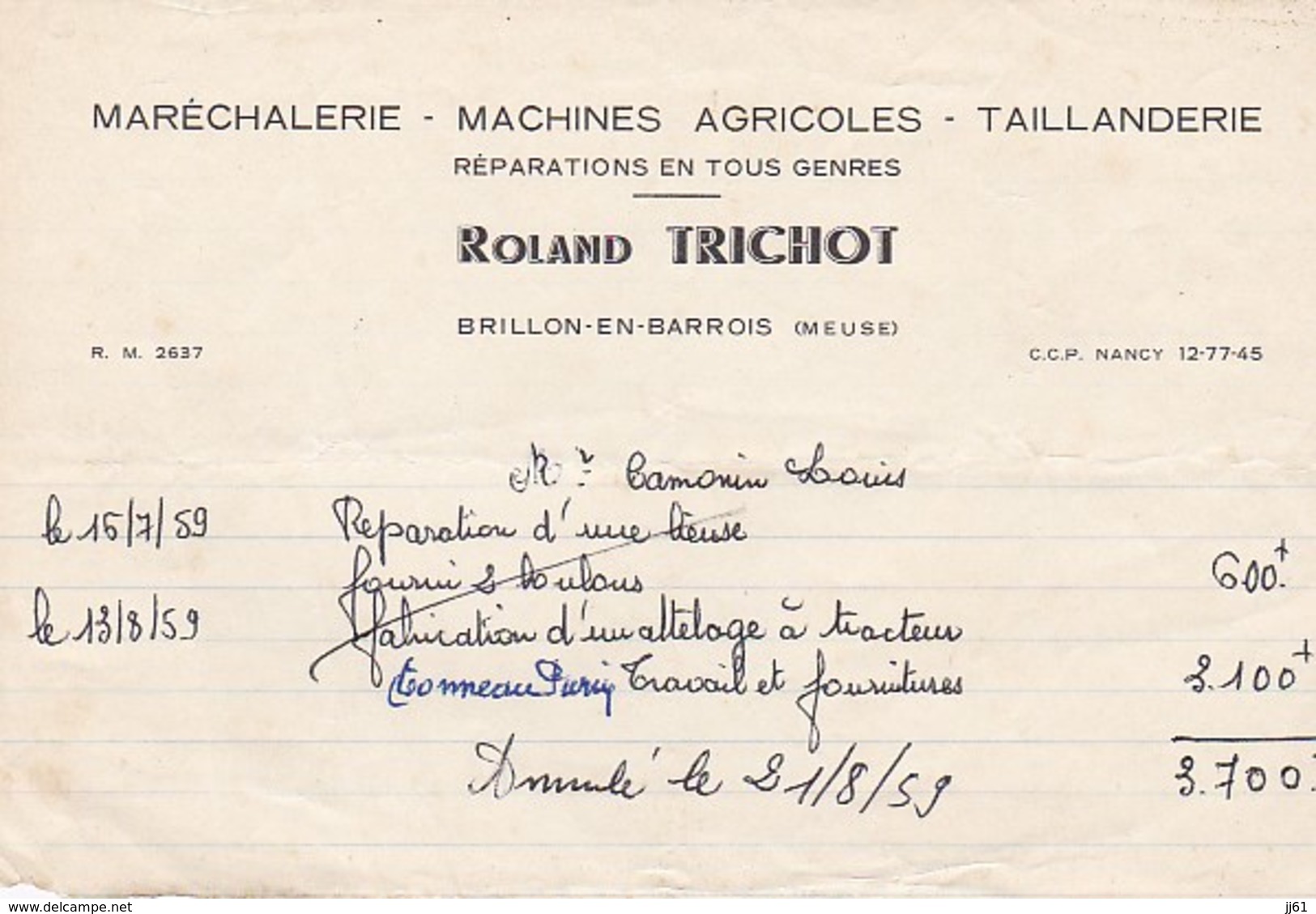 BRILLON EN BARROIS ROLAND TRICHOT MARECHALERIE MACHINES AGRICOLES TAILLANDERIE ANNEE 1959 - Autres & Non Classés