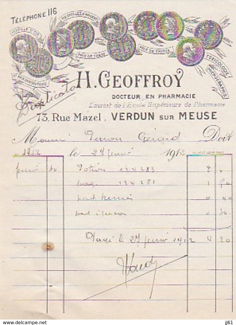 VERDUN SUR MEUSE H GEOFFROY DOCTEUR EN PHARMACIE PETITE FACTURE ANNEE 1912 - Autres & Non Classés