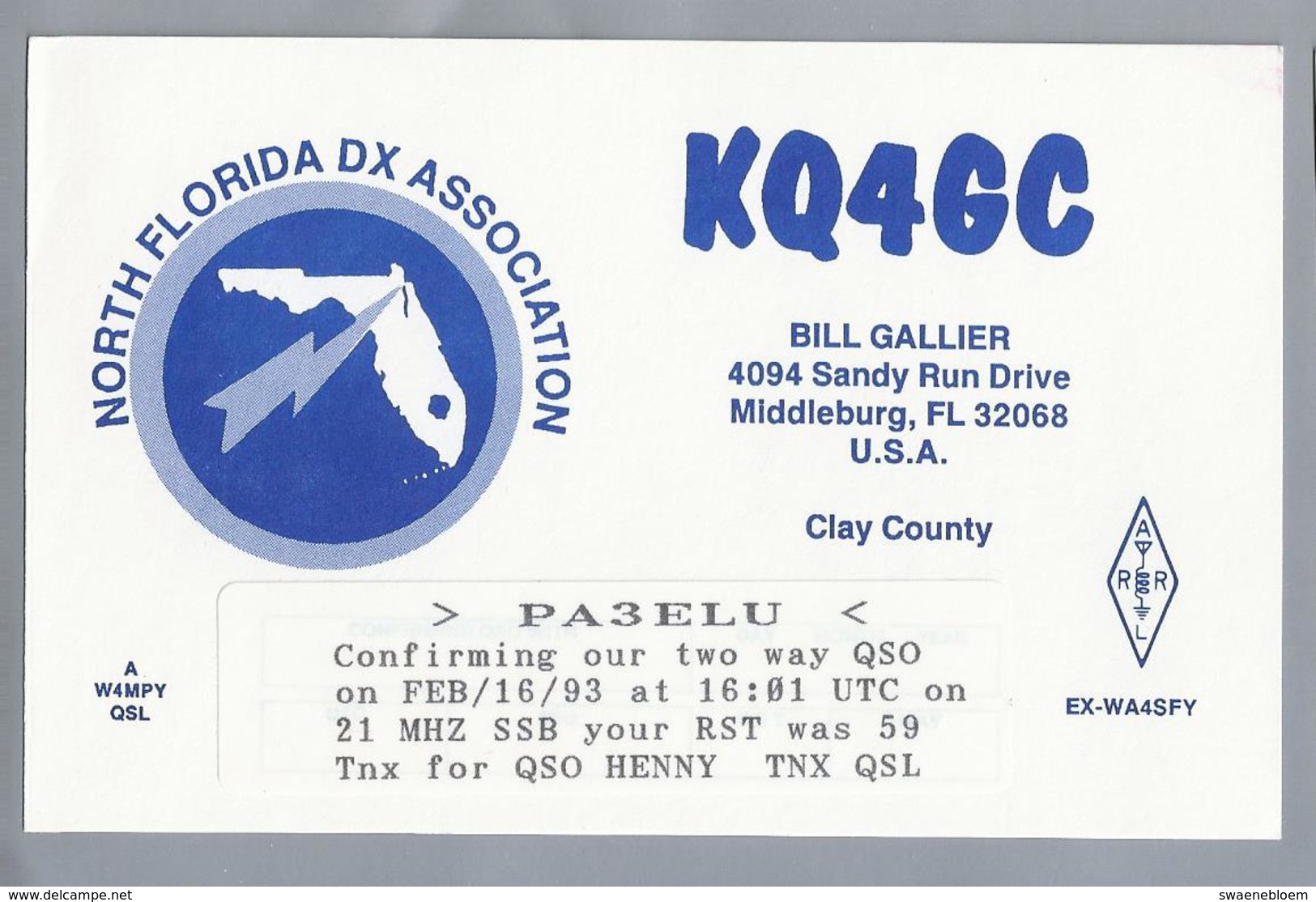 US.- QSL KAART. CARD. KQ4GC. BILL GALLIER, MIDDLEBURG, FL. NORTH FLORIDA DX ASSOCIATION. CLAY COUNTY. U.S.A. - Radio-amateur